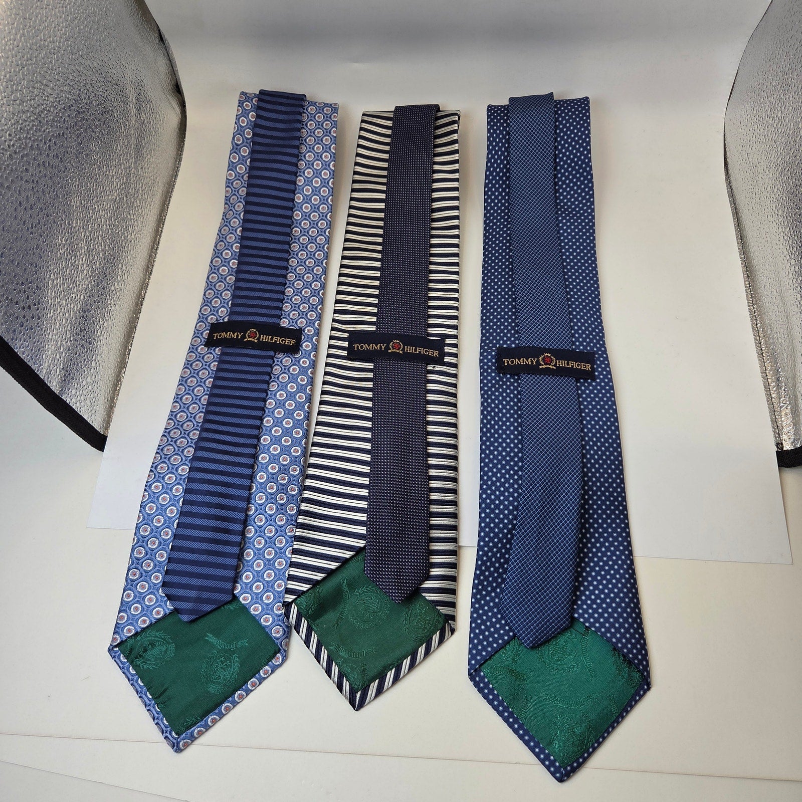 Tommy Hilfiger 100% Silk Ties Lot of 3 Made USA 3.75” Blue Striped Contrast Tips