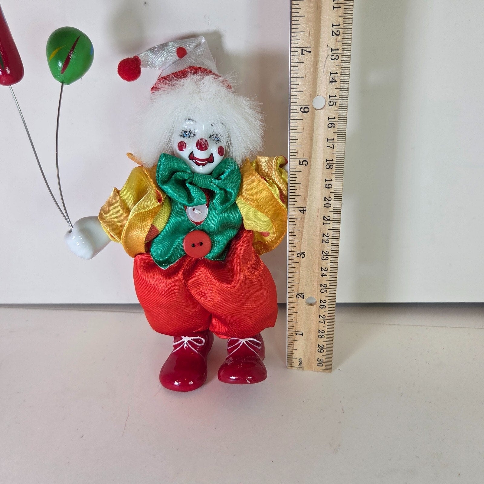Vintage Porcelain Clown Doll Holding Balloons Fabric Body Red Yellow 7.5"