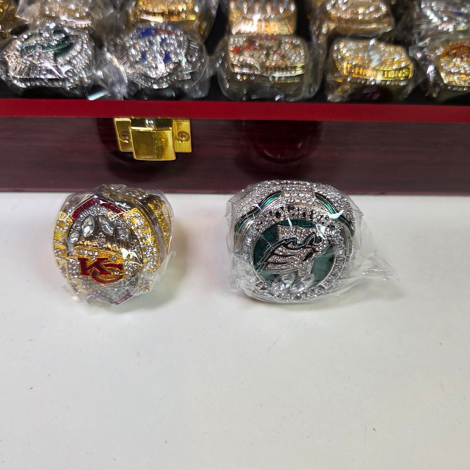 Complete NFL Super Bowl Replica Ring Set I–LIX w/ Case & Trophy Football