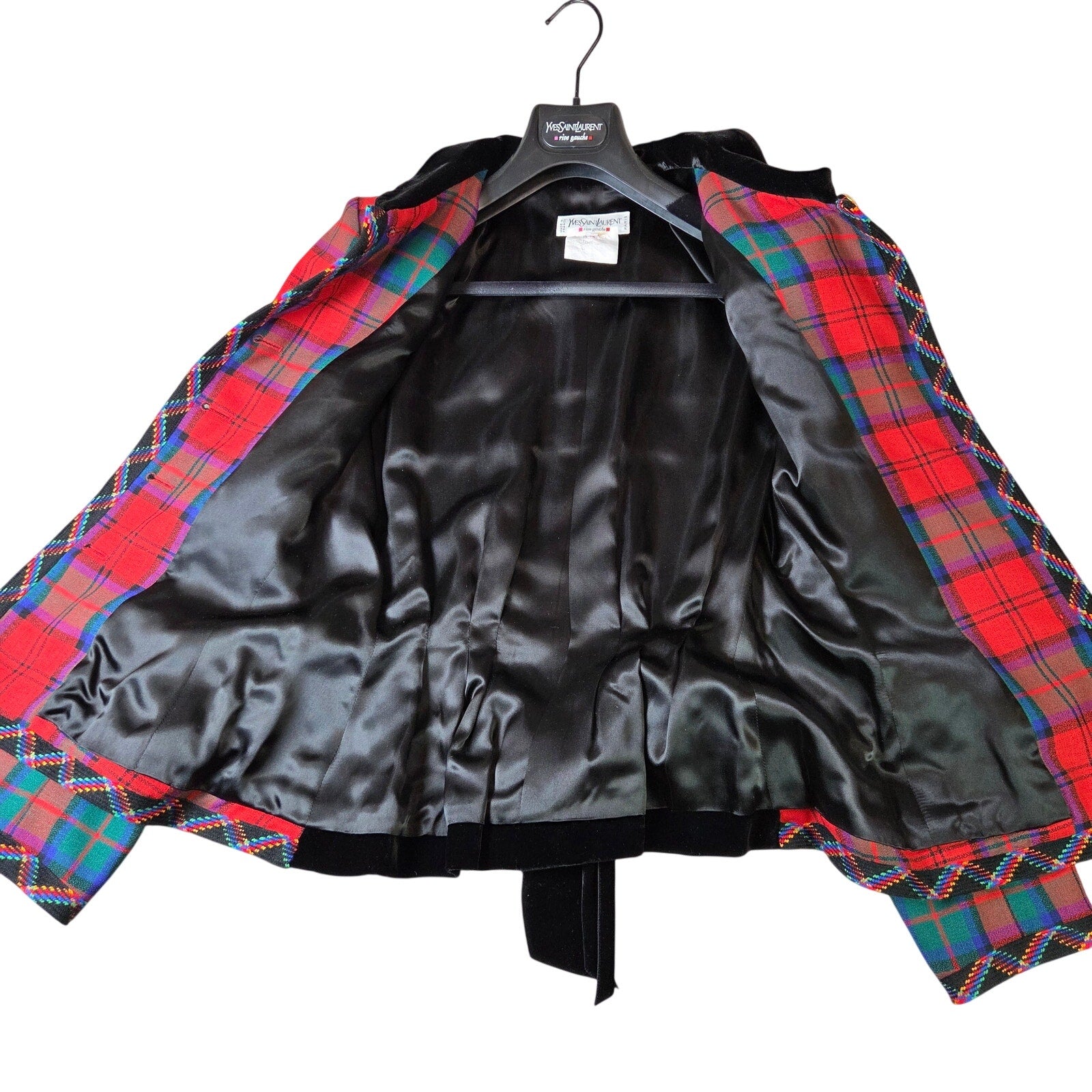 Vintage Yves Saint Laurent Rive Gauche 1994 Tartan Wool Jacket Velvet Trim FR38