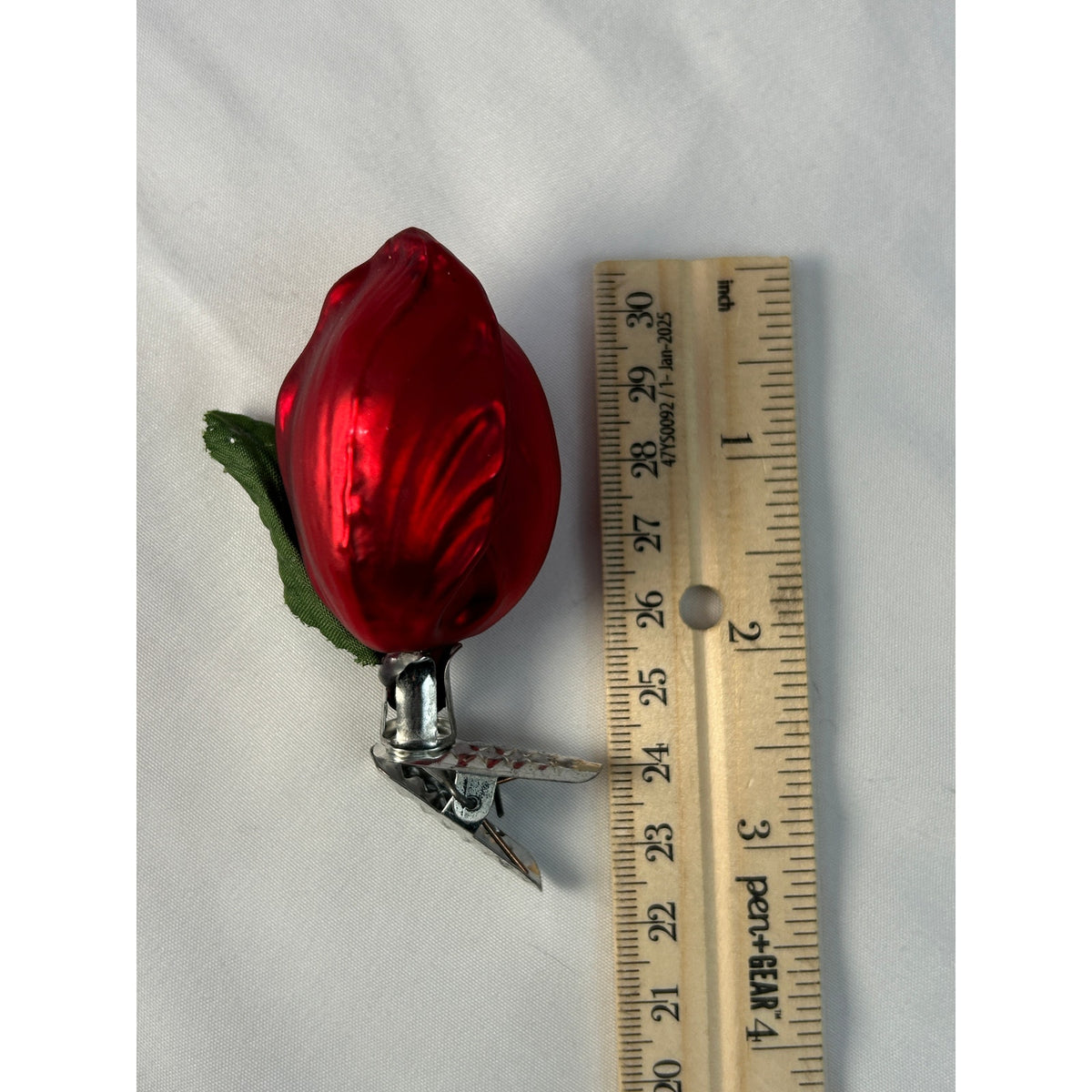 Vintage Inge-Glas Red Rose Clip-On Glass Christmas Ornament Germany 3"