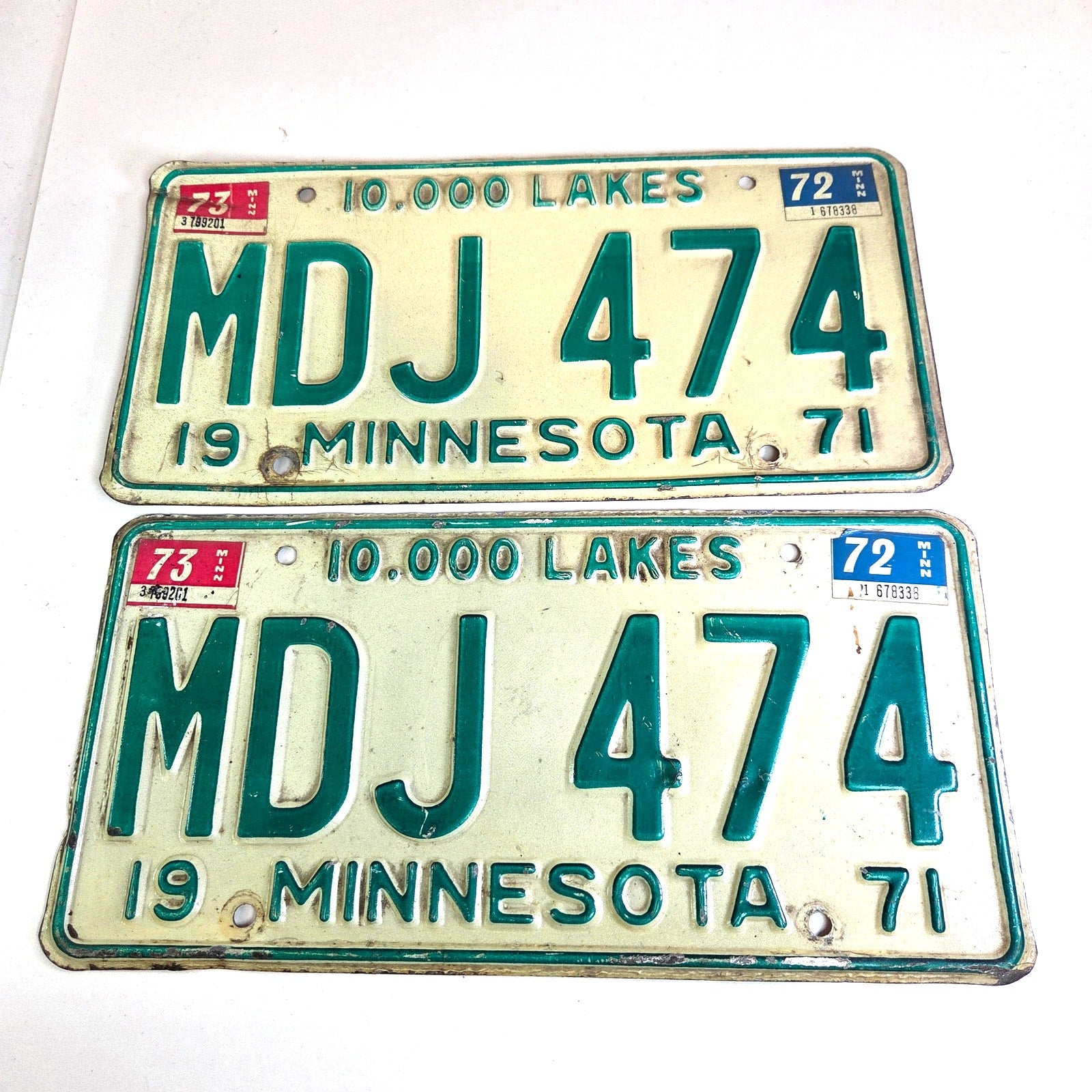 1971 Minnesota License Plate Pair w/ 72 73 Tabs – MDJ 474 – Vintage MN Tags