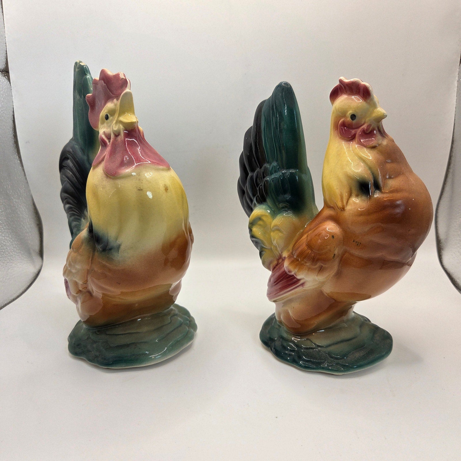 Vintage Royal Copley Rooster & Hen Figurine Pair 1950s Ceramic Statues