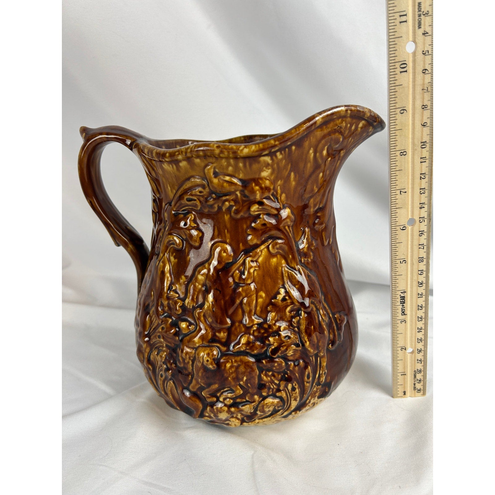 Vintage Rockingham Glaze Pitcher Relief Hunting Scene Dogs Stoneware