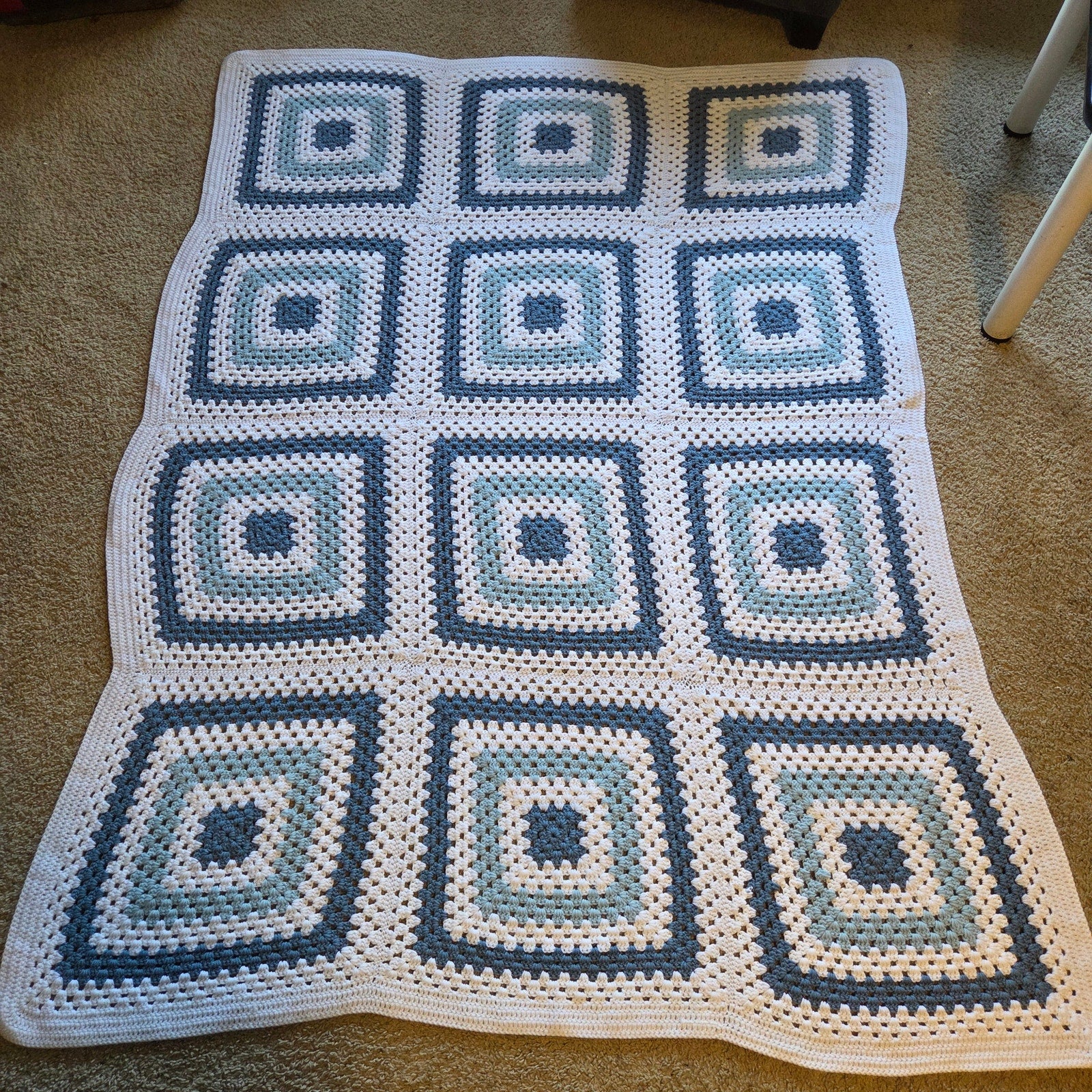 Handmade Blue White Crochet Granny Square Afghan Blanket 88x63