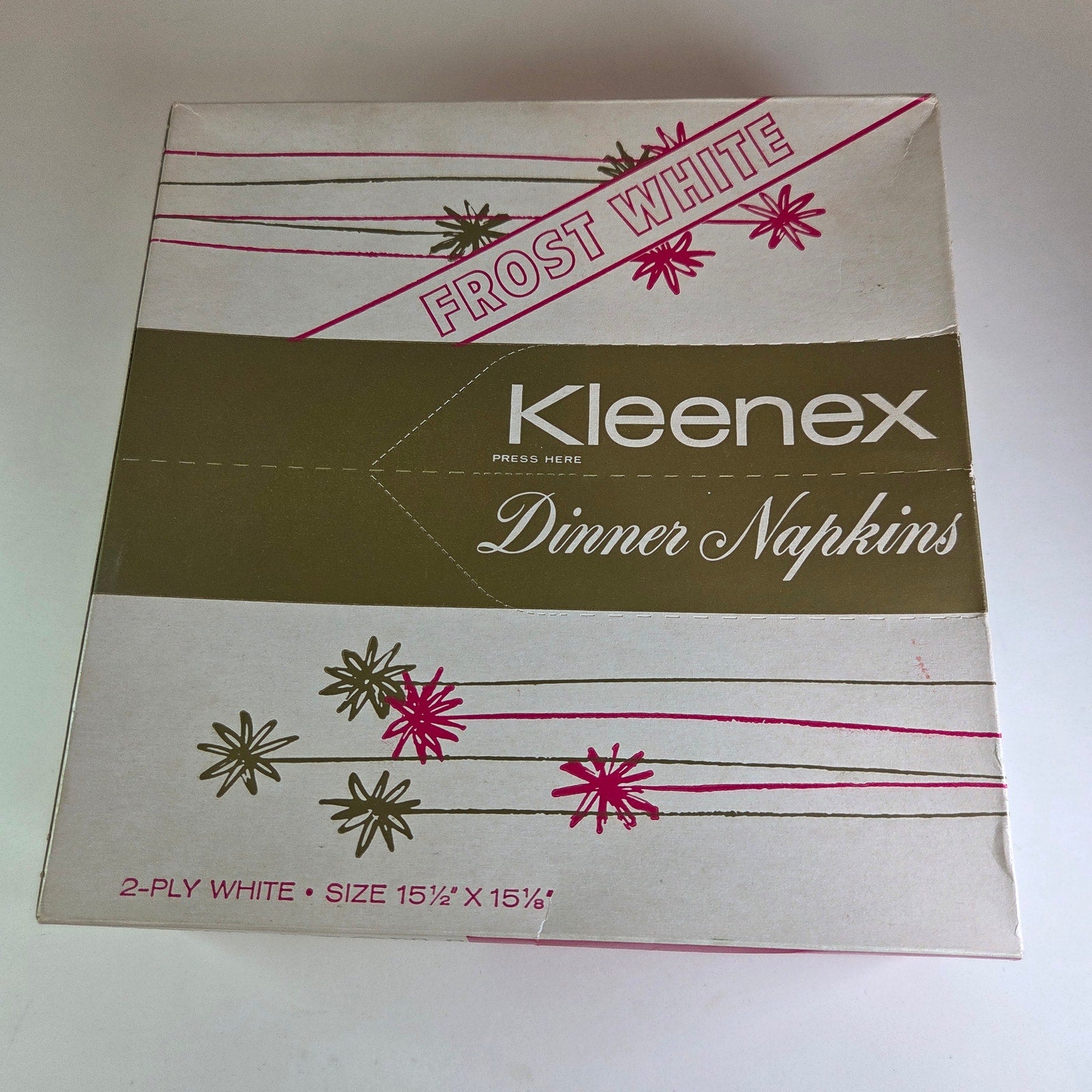 Vintage 1960 Kleenex Dinner Napkins Box Frost White 2-Ply 50ct Retro Unused NOS