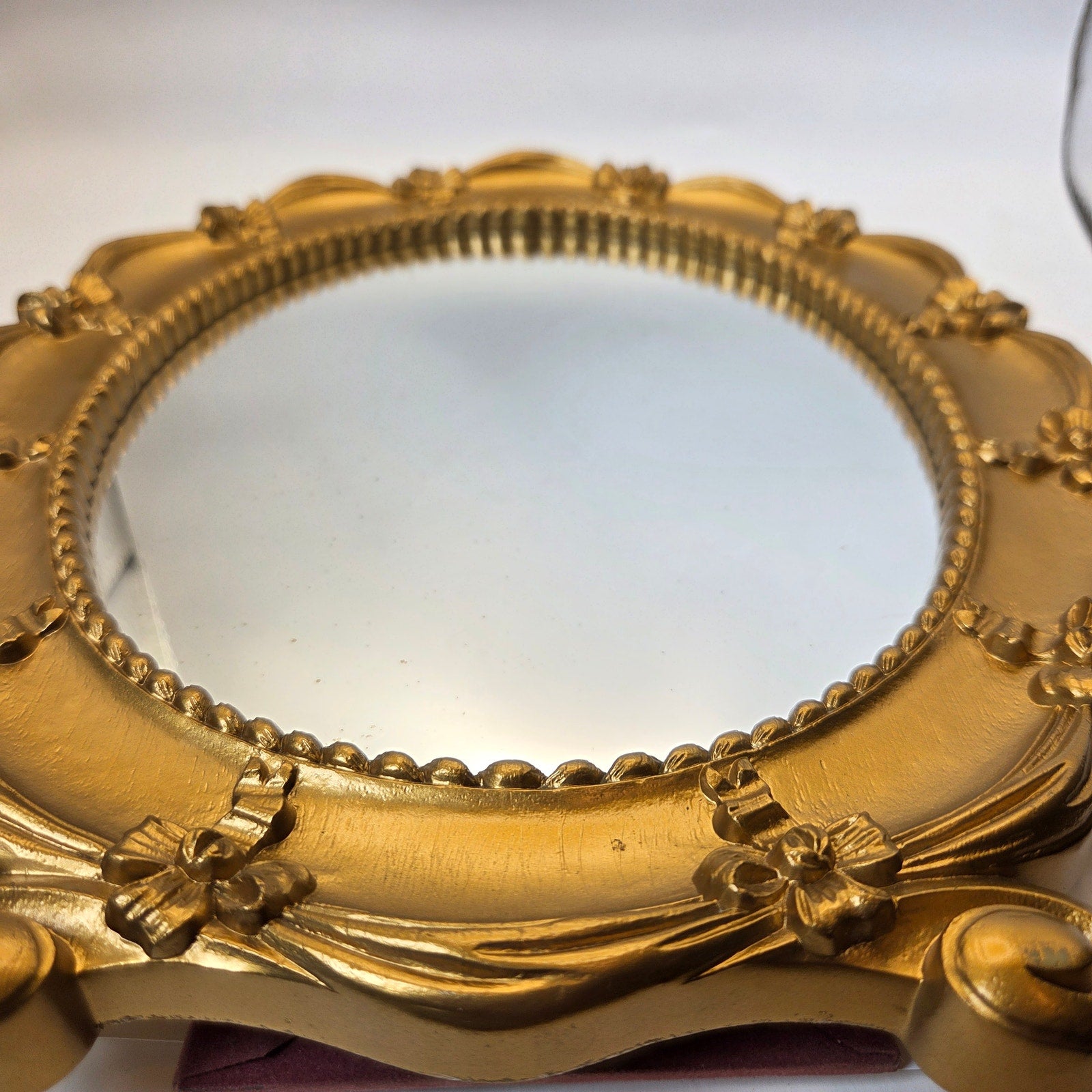 Syroco 1943 Gold Oval Bow Ribbon Vanity Table Mirror USA Wall Hanging VTG MCM