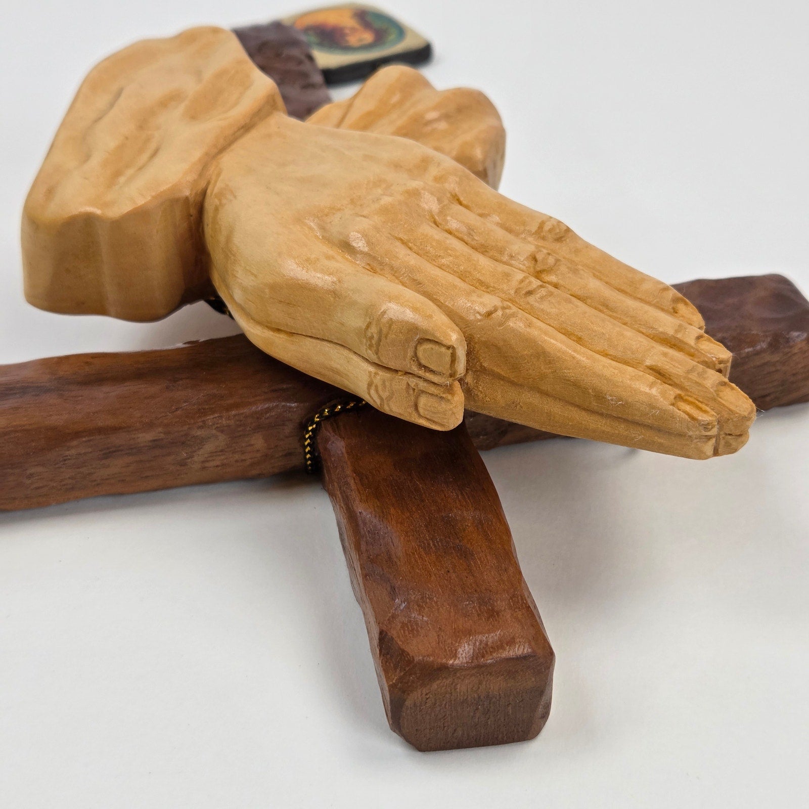 Signed Jim Ward Hand Carved Wooden Praying Hands Cross Wall Hanging Folk Art