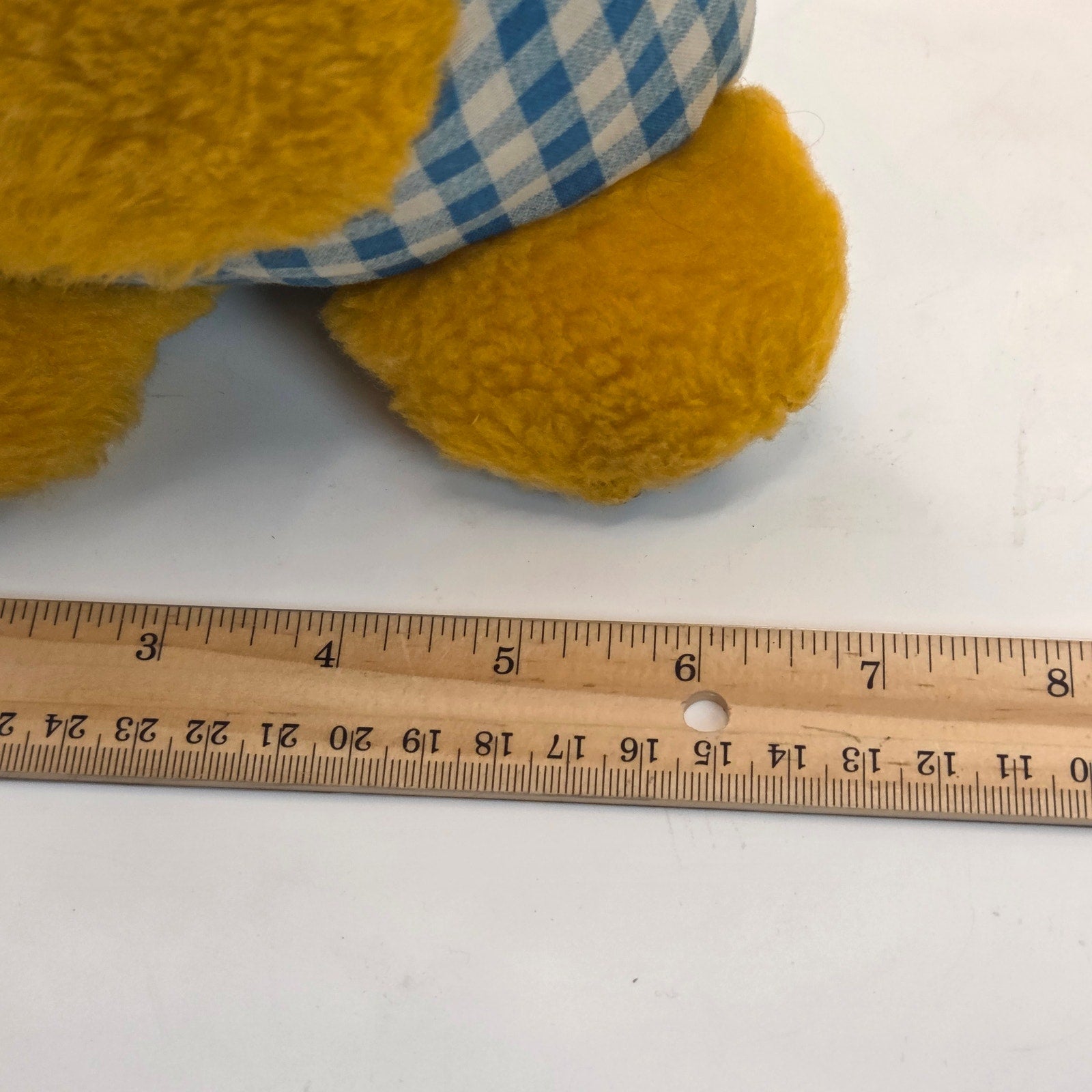 Vintage 1980s Plush Chick Yellow Stuffed Animal in Blue Gingham Romper Haiti