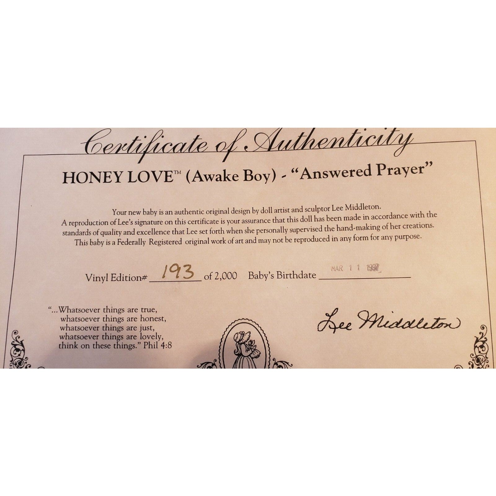 Lee Middleton Honey Love Awake Boy Doll 1997 NIB LE /2000 COA Answered Prayer