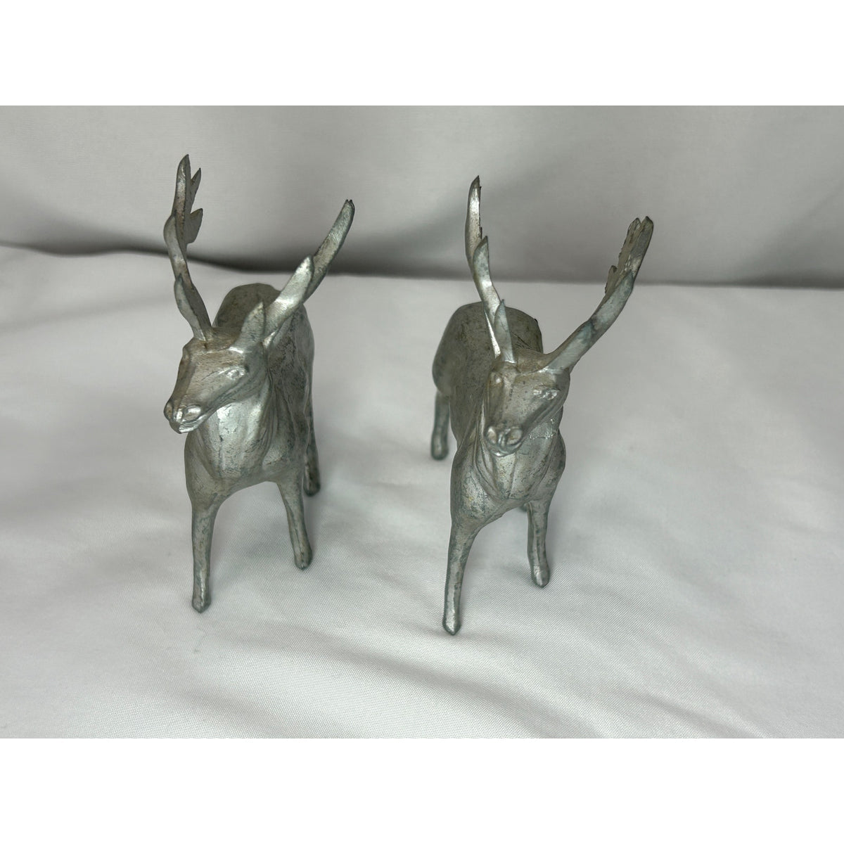 Vintage Cast Metal Reindeer Stag Figurines Pair Silver Christmas Deer 4.5"