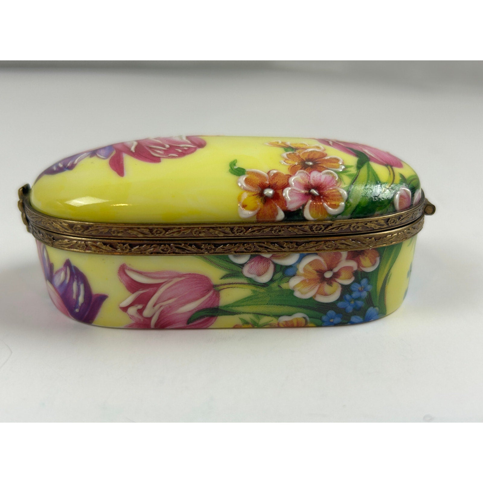 Rochard Limoges France Trinket Box Raised Floral Hand Painted Yellow Oval