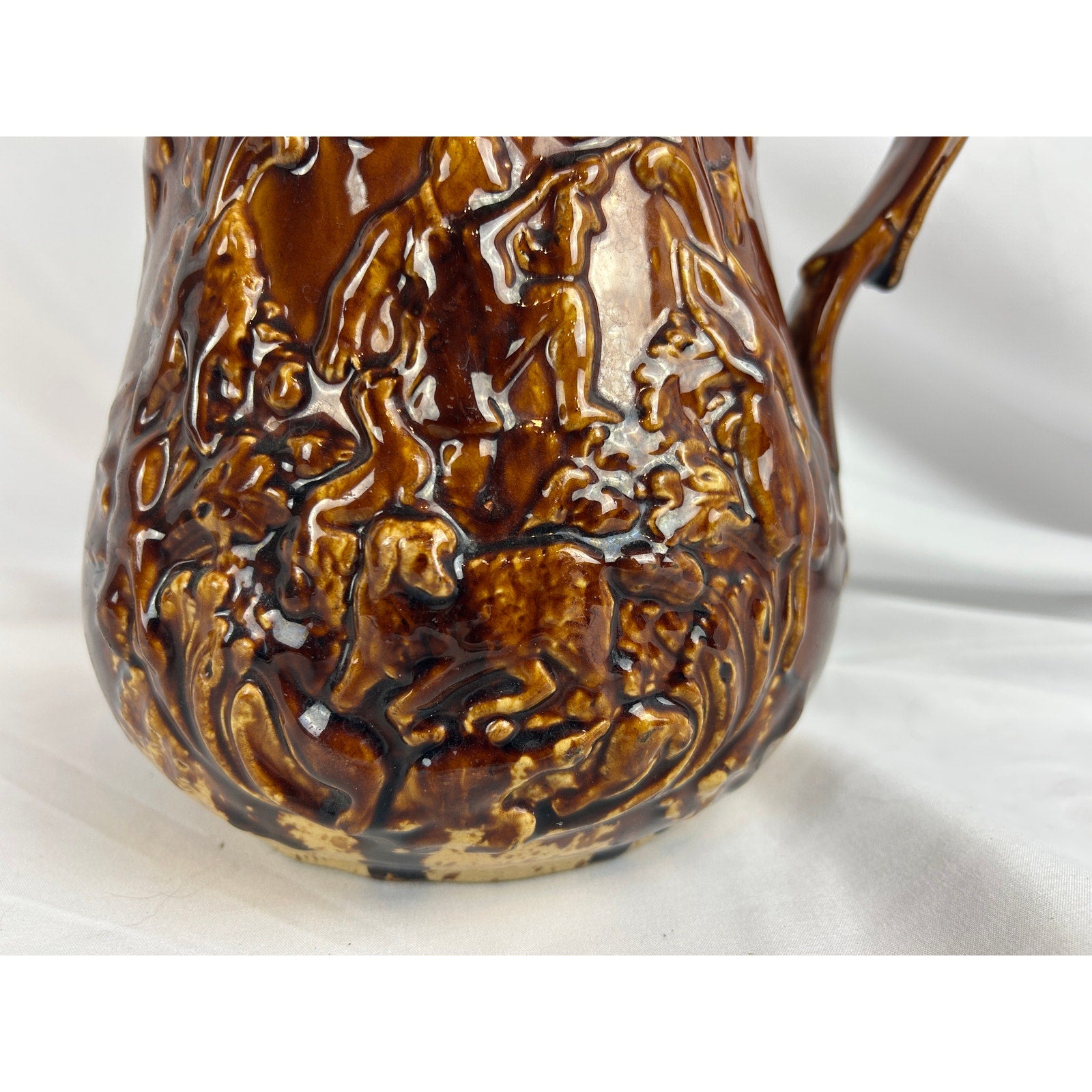 Vintage Rockingham Glaze Pitcher Relief Hunting Scene Dogs Stoneware