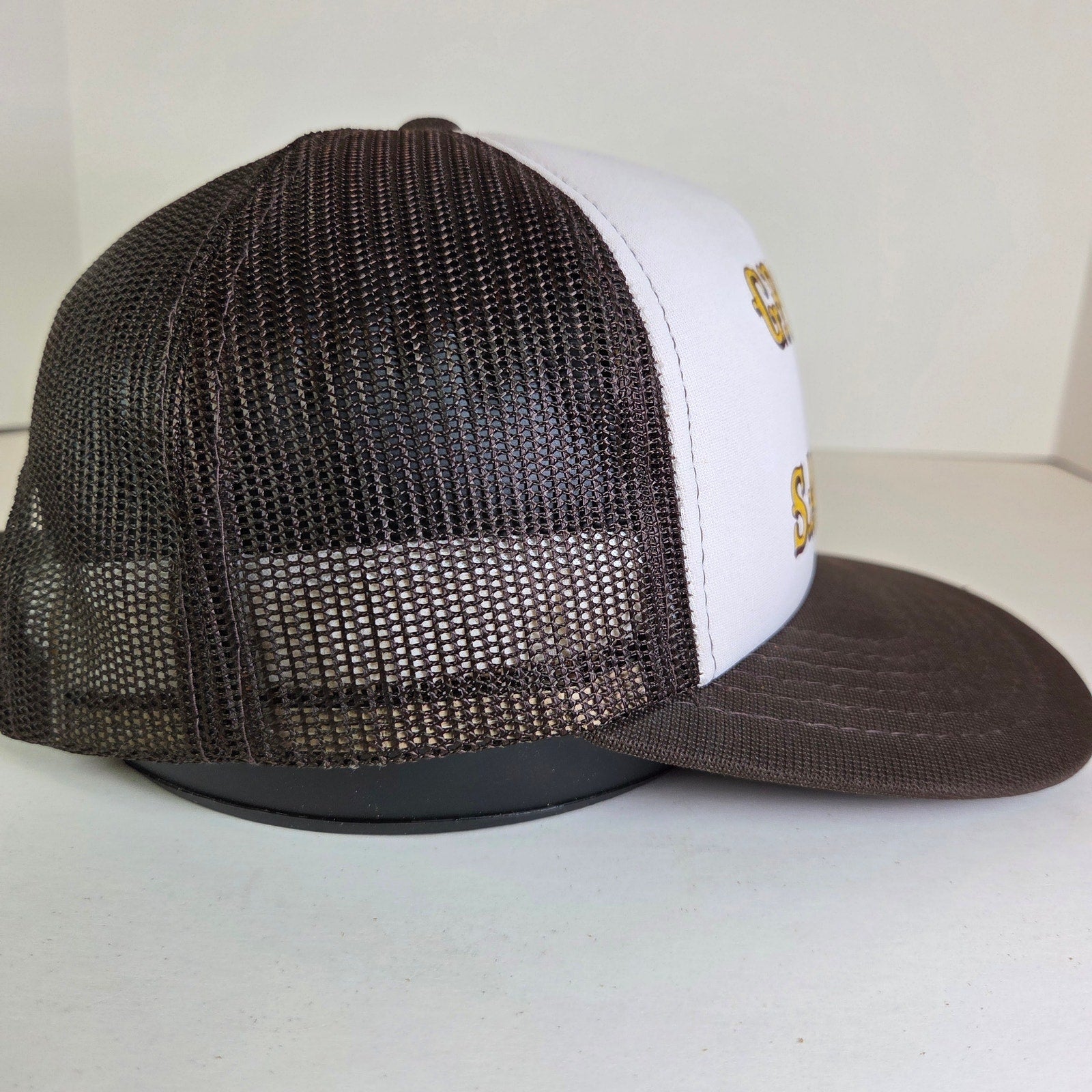 Vintage Grand 7 Saloon Foam Trucker Hat Snapback Mesh Cap Brown White Yellow