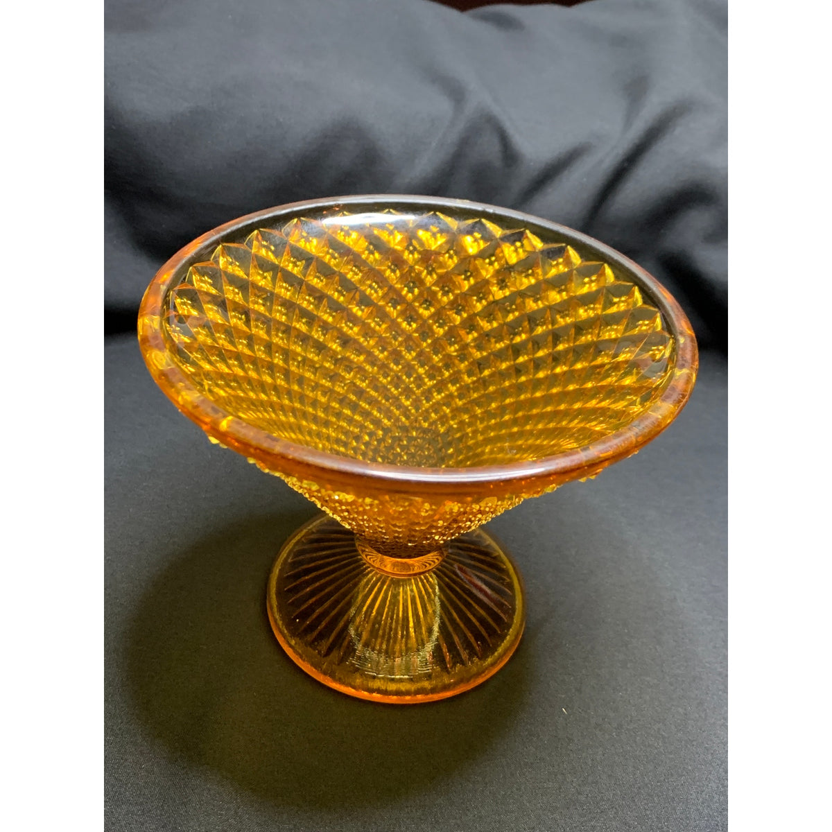 Vintage Indiana Glass Diamond Point Amber Pedestal Compote Candy Dish