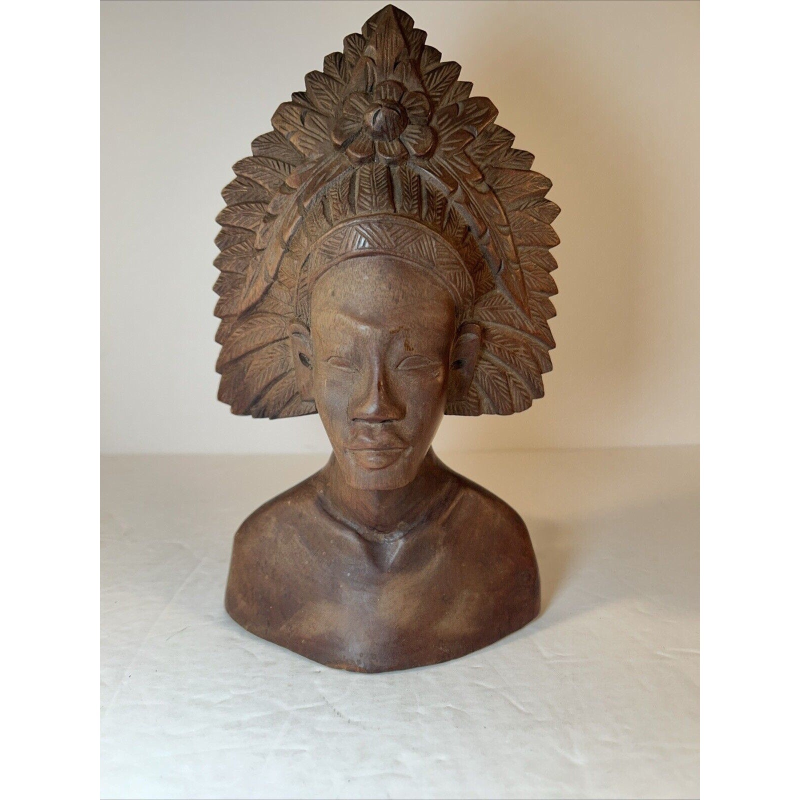 Balinese Hand-Carved Wood Bust Pair | Male & Female Headdress Statues 9-in
