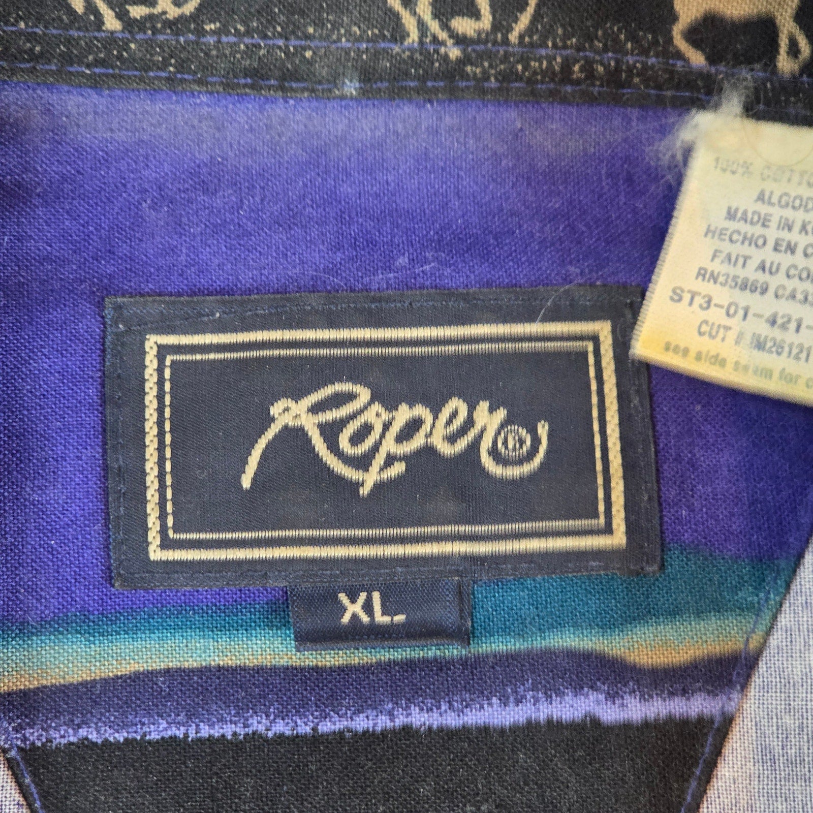 Vintage 90s Roper Western Shirt XL Horses Graphic Snap Button Made Korea