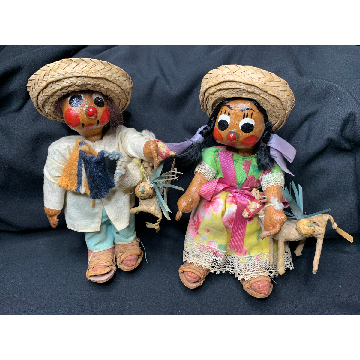 Vintage Mexican Folk Art Oilcloth Dolls Pair Straw Hats Animals 1960s 1970s