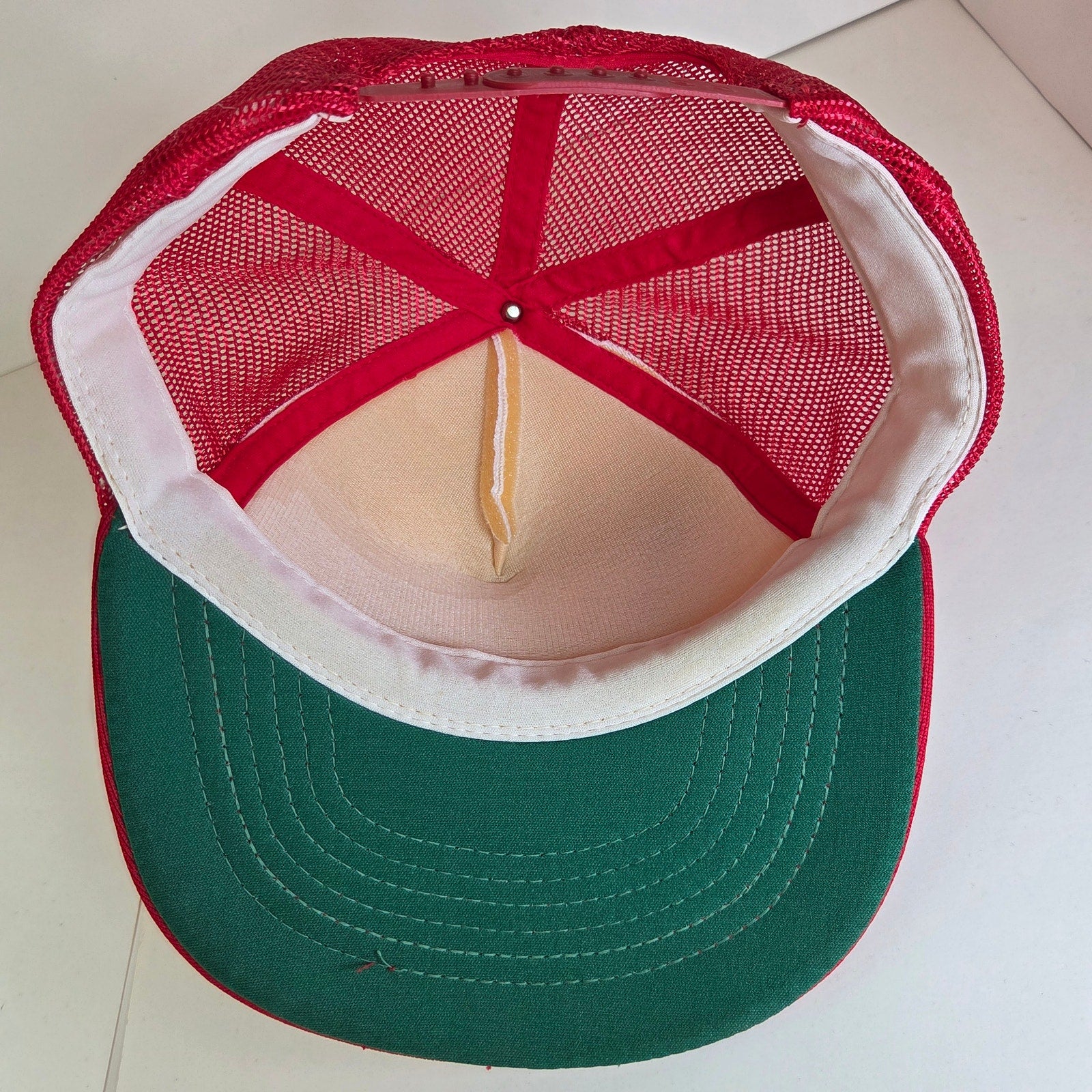 Vintage 80s Trucker Hat Log Gables Webster Wisconsin Snapback Mesh Red White