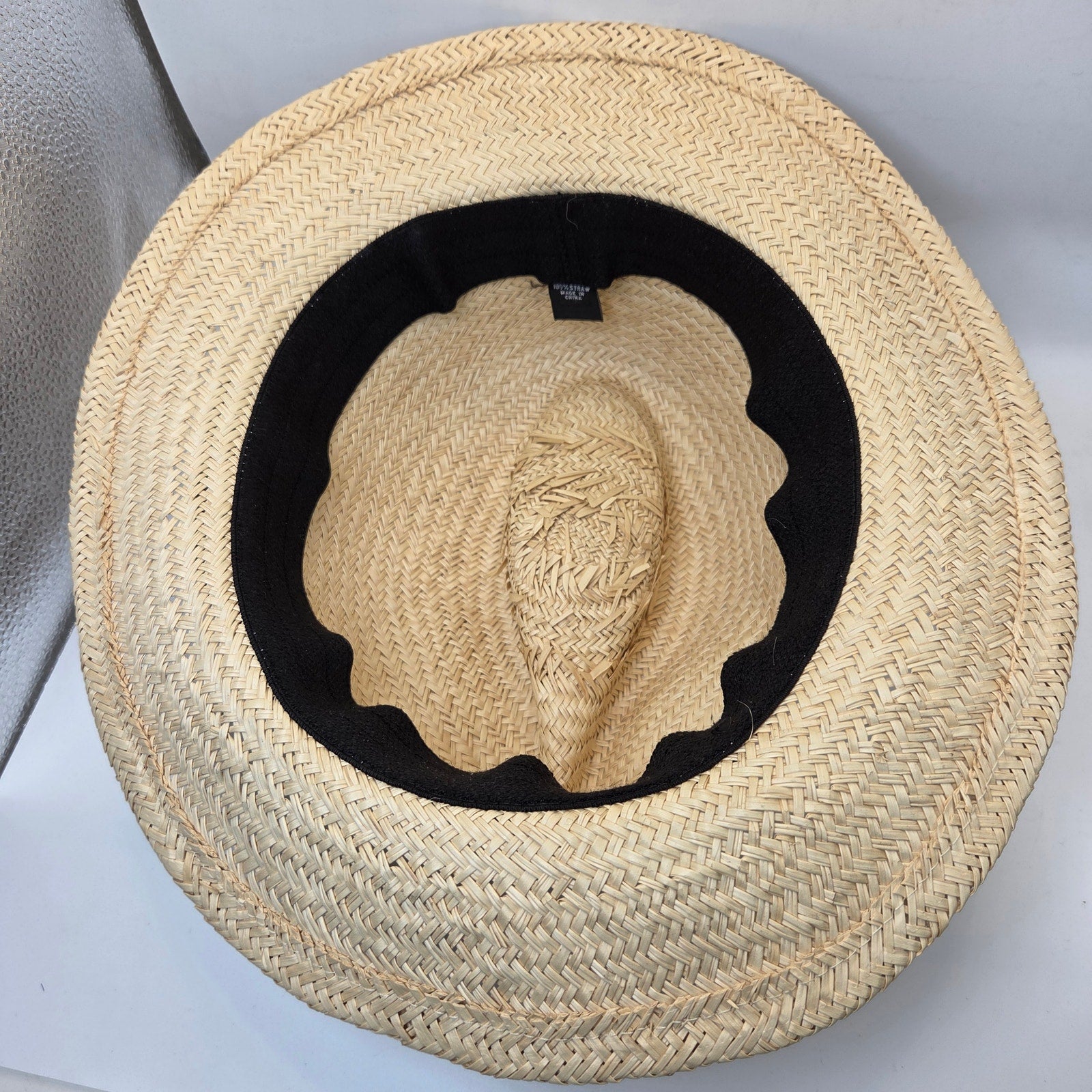 Straw Boater Hat Unbranded Black Band Flat Crown Summer Skimmer Hat