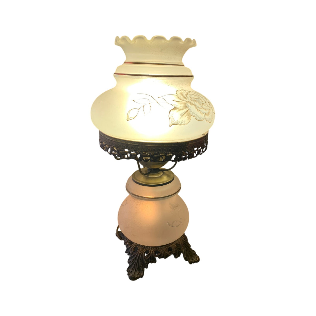 Vintage 1972 E.K. 5040 GWTW 3-Way Frosted Rose Glass Hurricane Parlor Lamp
