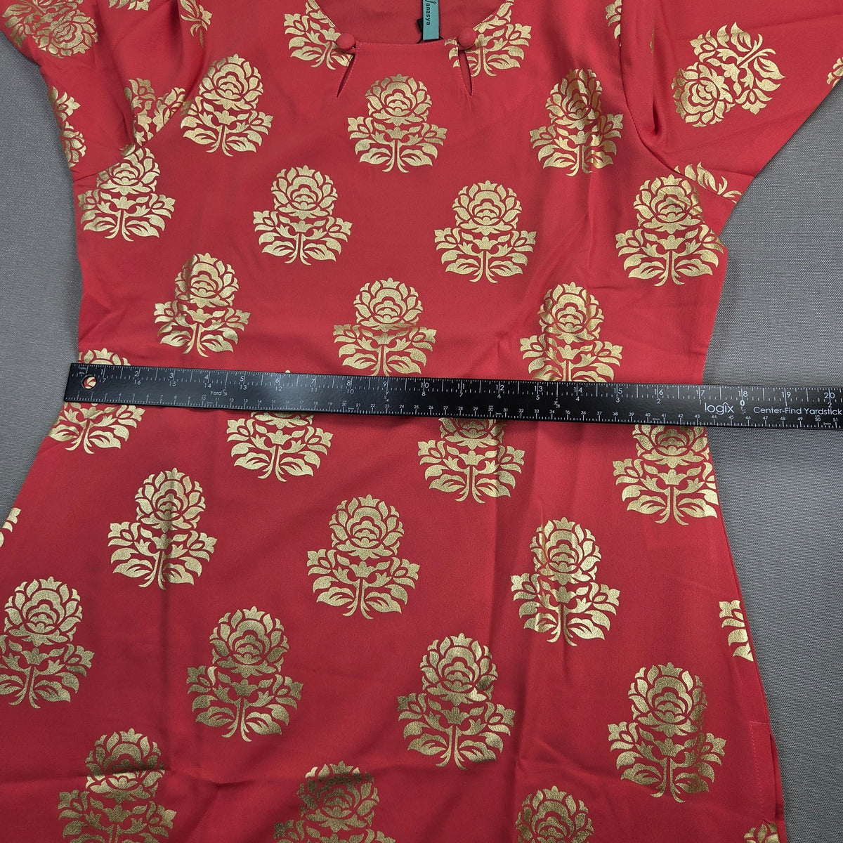 Janasya Womens M Red Gold Floral Foil Print Crepe Kurti Indian Tunic Top NWT