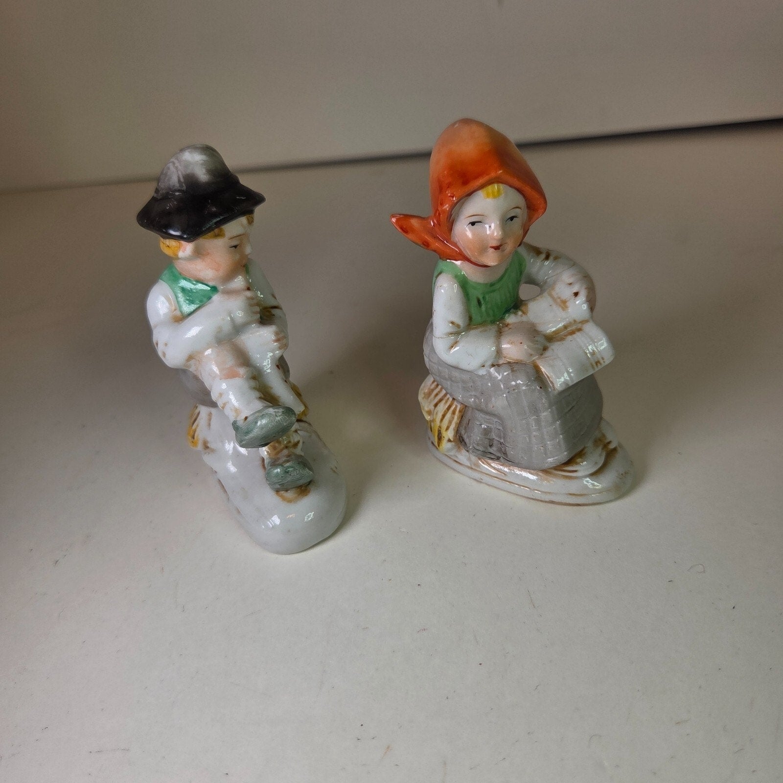 Vintage Japan Boy Playing Flute & Girl Sitting Ceramic Figurines 3.5in Pair