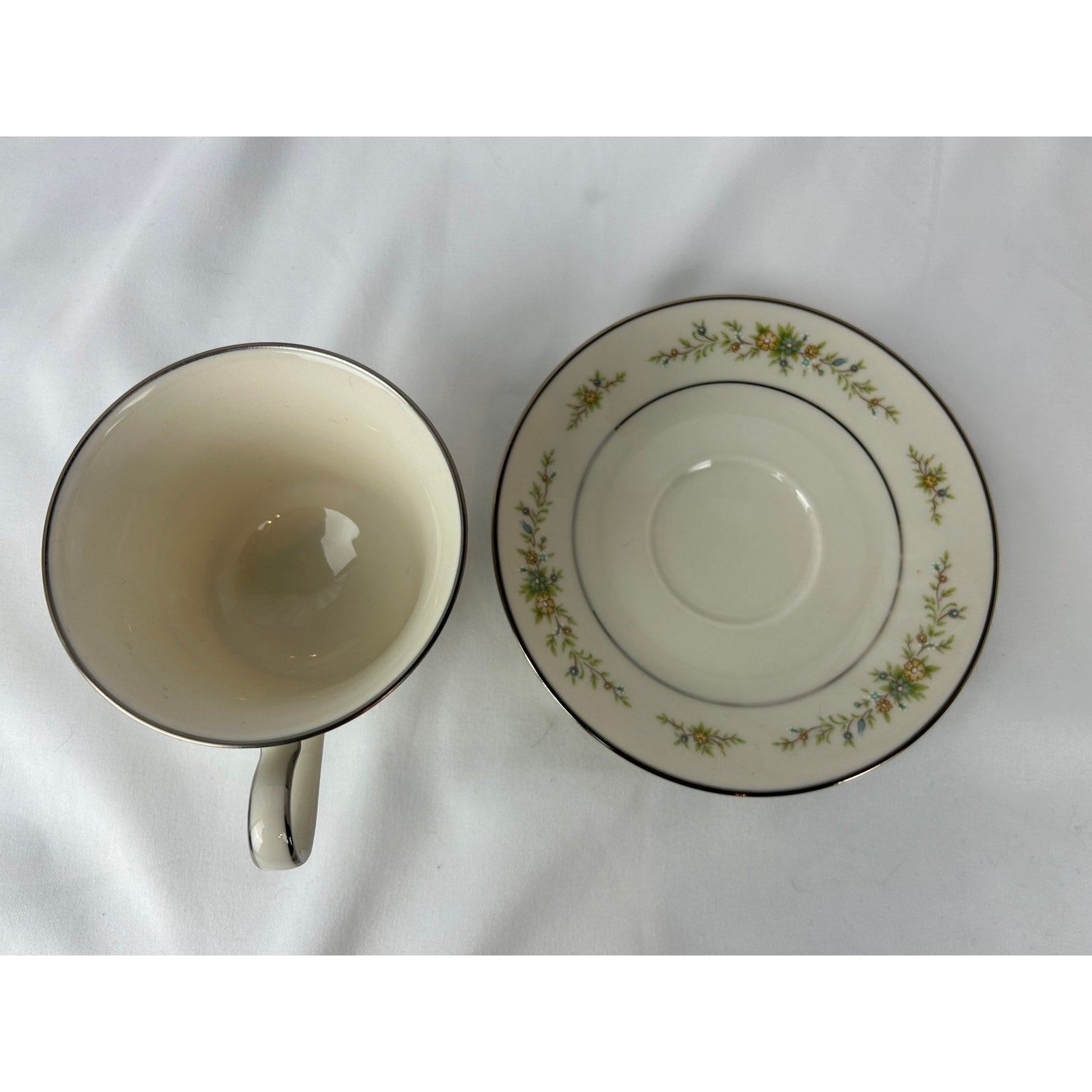 Noritake Christina 7056 Ivory China Tea Cup and Saucer Floral Silver Trim