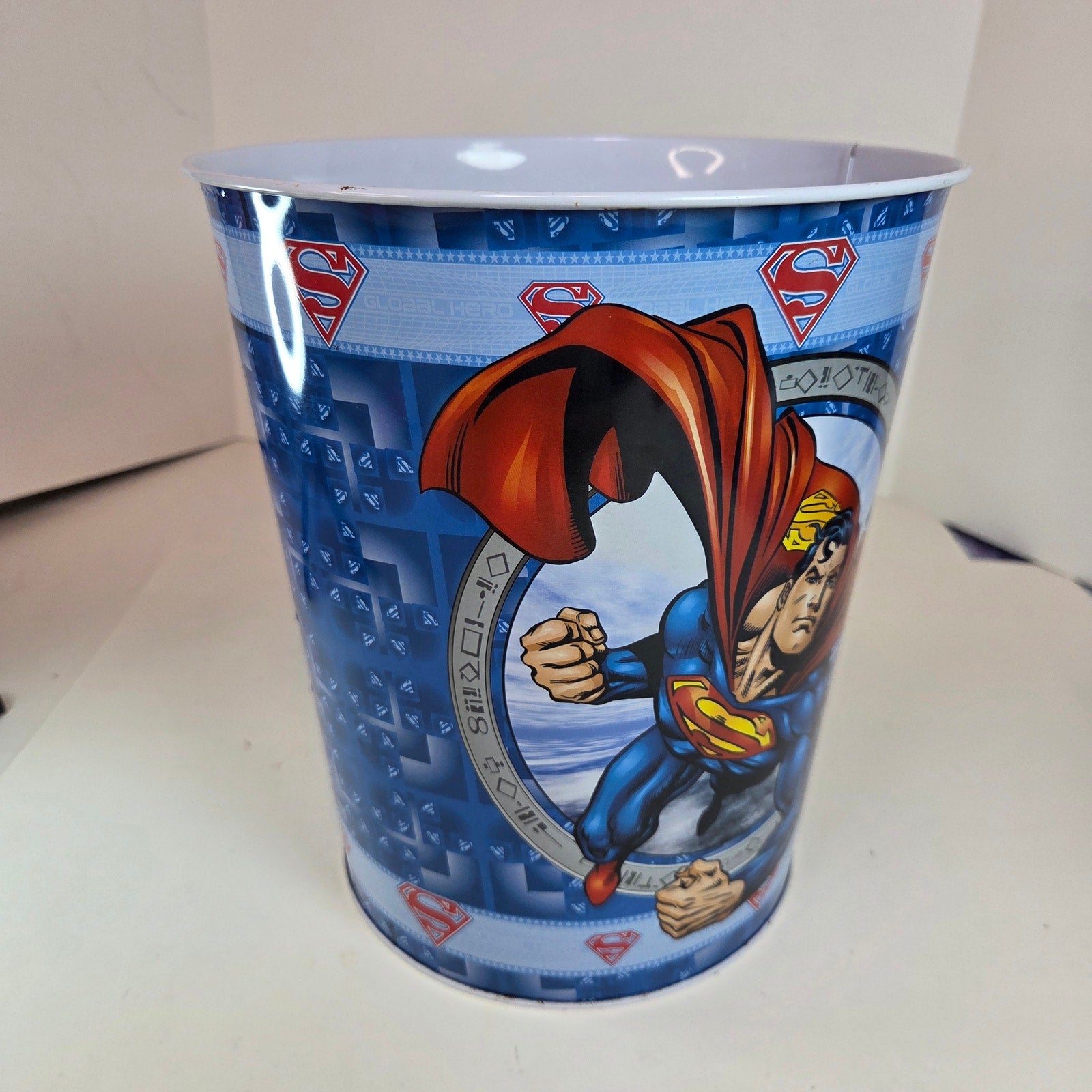 Superman Tin Wastebasket Trash Can DC Comics The Tin Box Co Blue Vintage Style