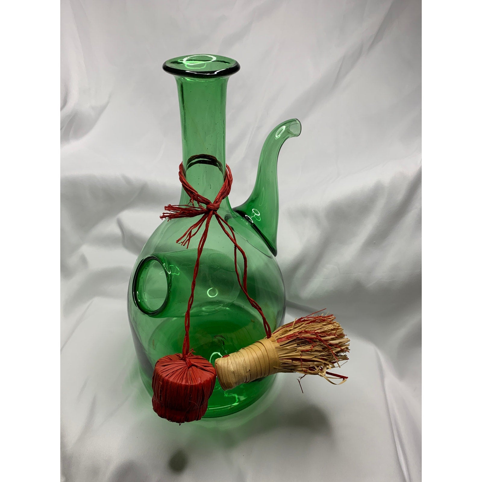 Vintage Italian Style Green Glass Wine Decanter Ice Chamber Raffia Stoppers