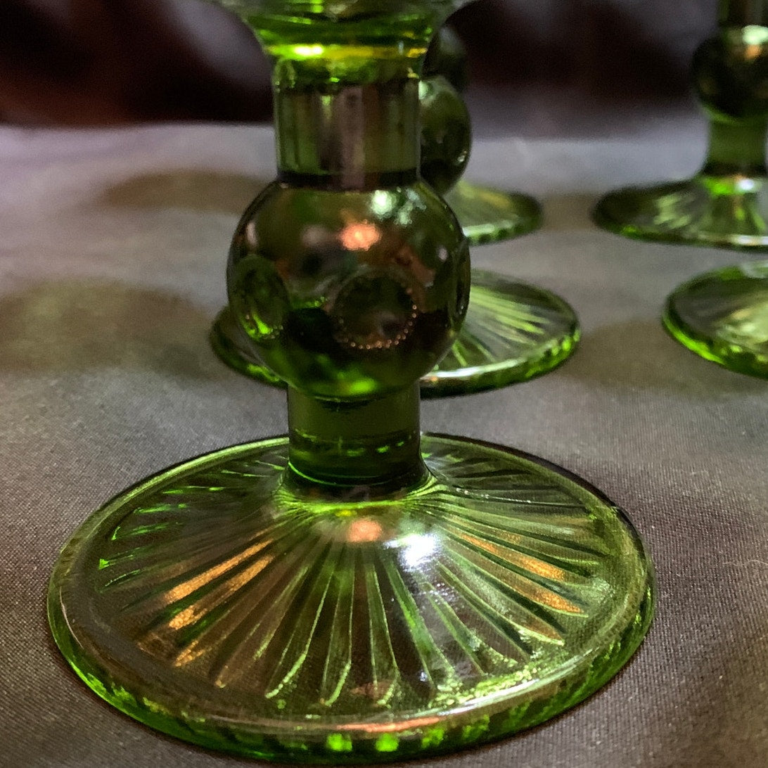 Olive Green Pressed Glass Wine Goblets Ball Stem Rayed Foot Set of 9