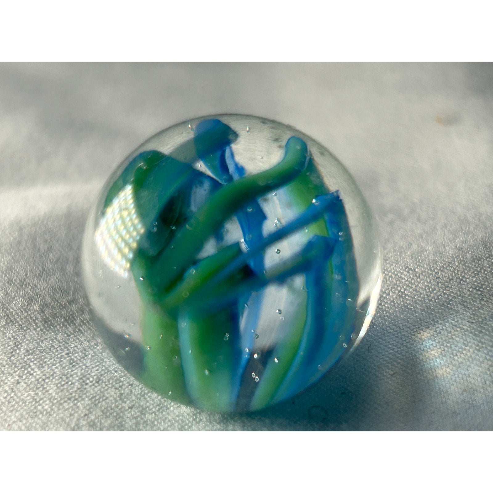 Blue Green Ribbon Art Glass Marble Handmade Style Swirl 0.7 Inch