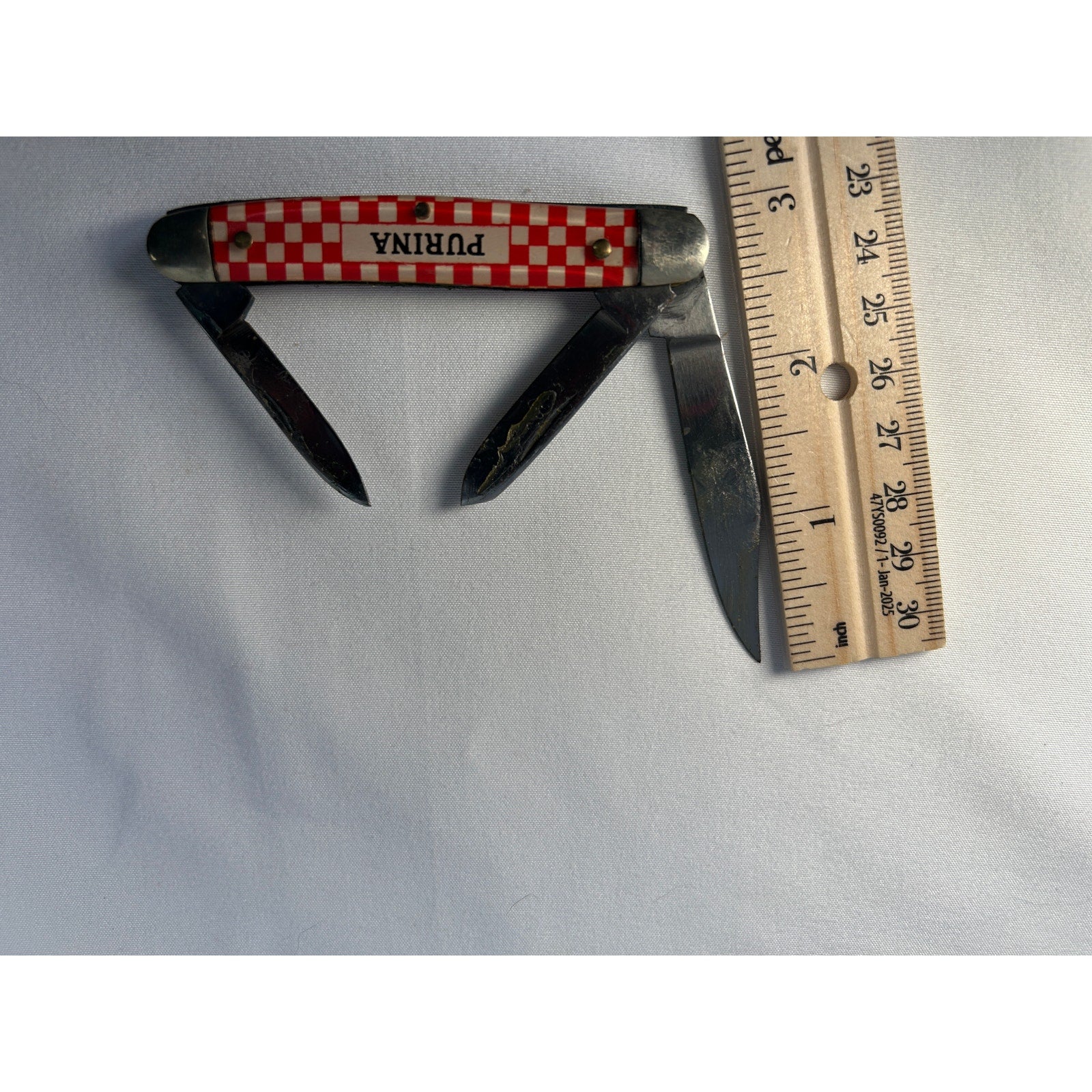 Vintage Purina Advertising Pocket Knife USA Multi Blade Red Checker Handle