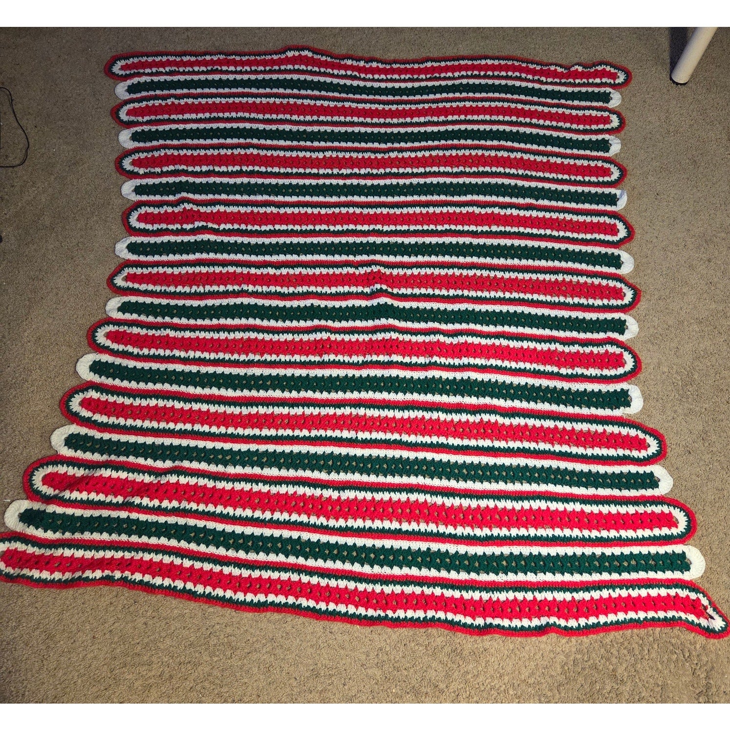 Handmade Crochet Afghan Blanket Red Green White Christmas Throw 73x70