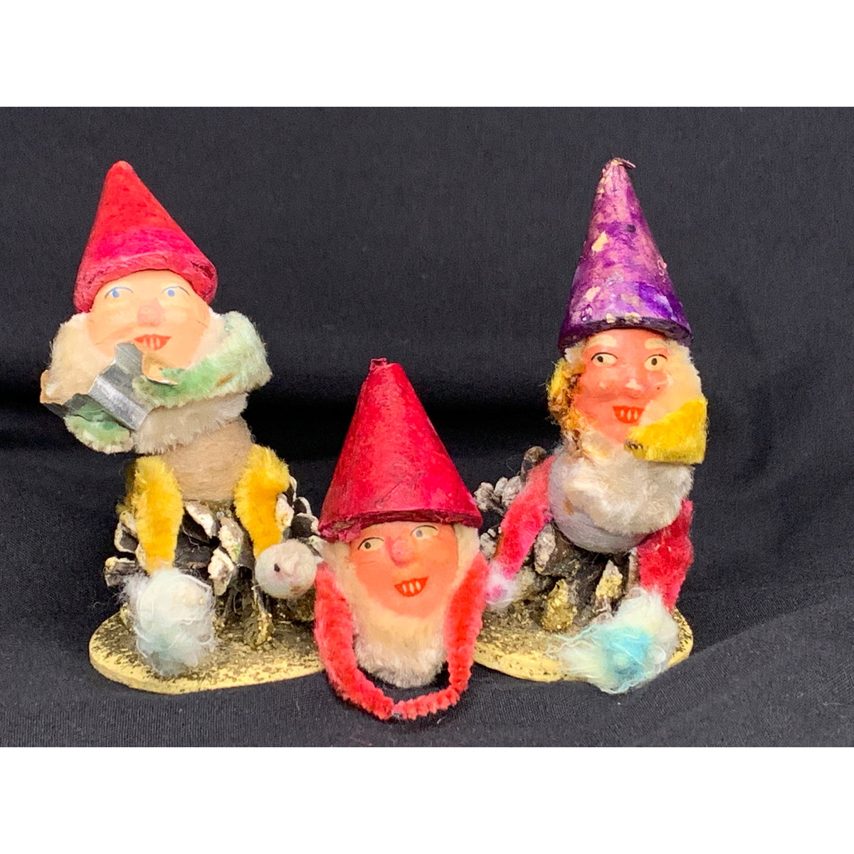 Vintage Japan Pinecone Elf Gnome Putz Christmas Figures Chenille Lot of 3