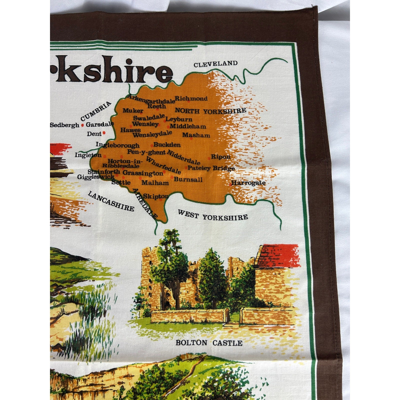 Vintage Yorkshire Dales Tea Towel Map England Cotton Clive Mayor