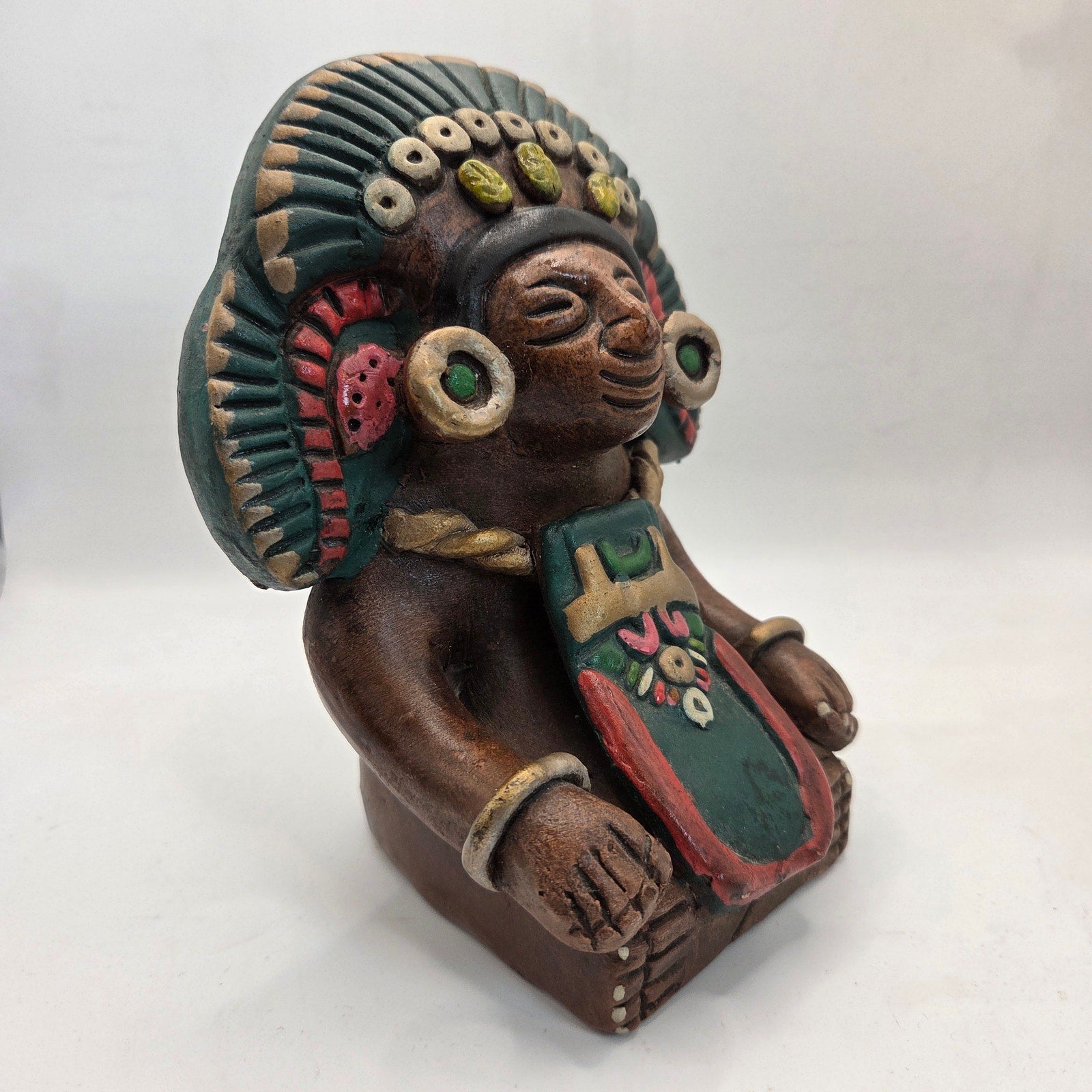 Vintage Mexican Hand Painted Clay Aztec Style Figure Statue 6.5" Folk Art
