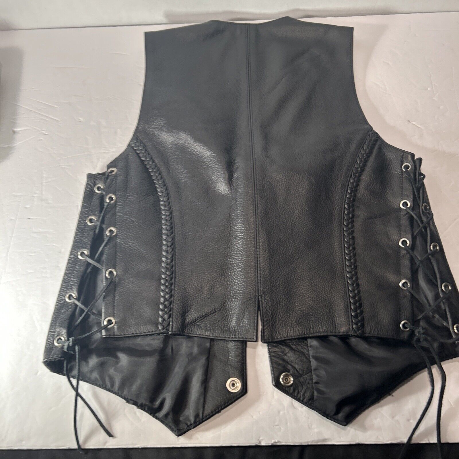 First Classic Women’s Leather Biker Vest Size Small Black Braided Lace Sides
