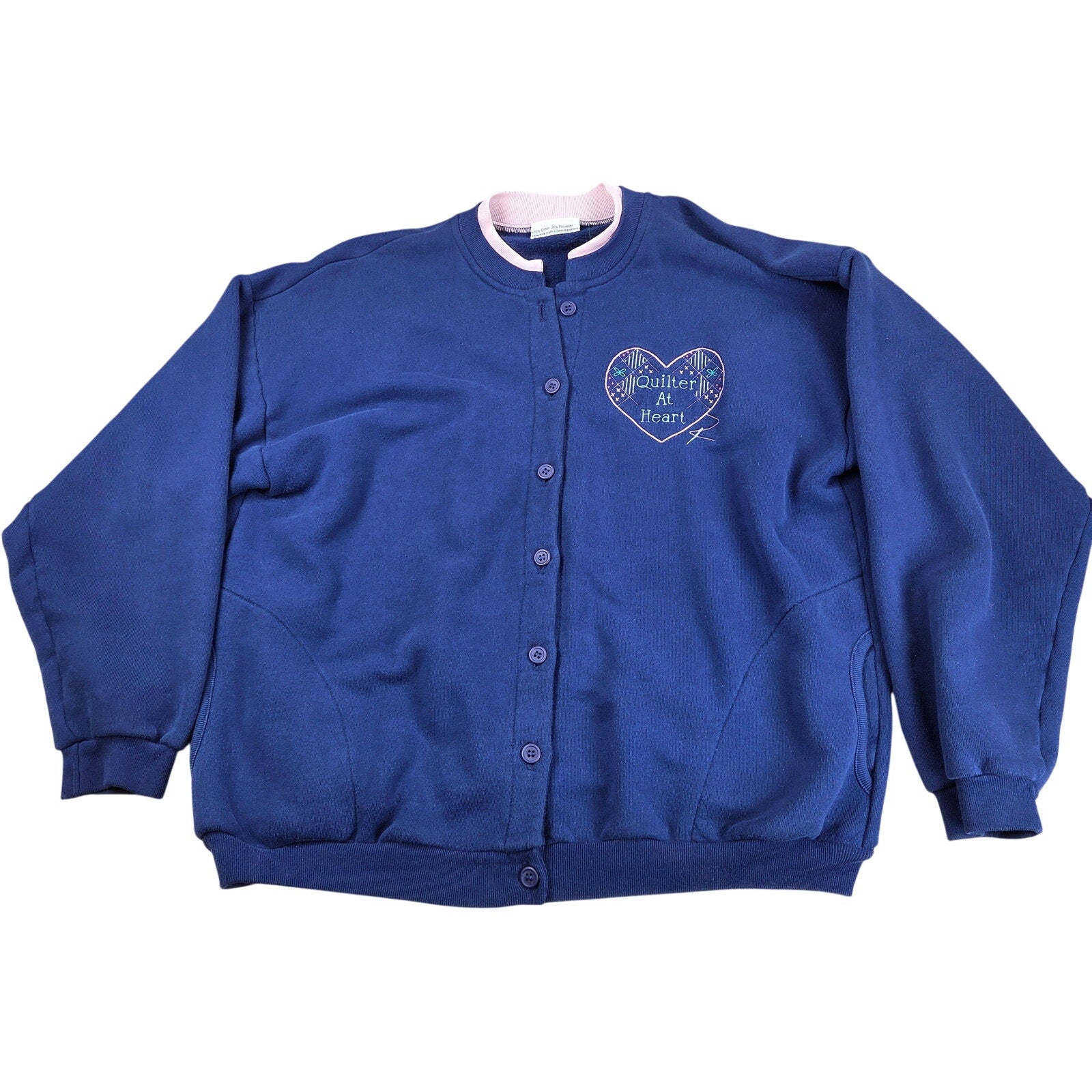 Vintage Quilter At Heart Embroidered Button Front Sweatshirt Womens XL Blue