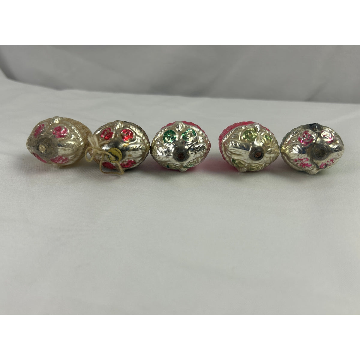 1930s Mercury Glass Flower Basket Christmas Ornaments Hand Painted Lot of 5