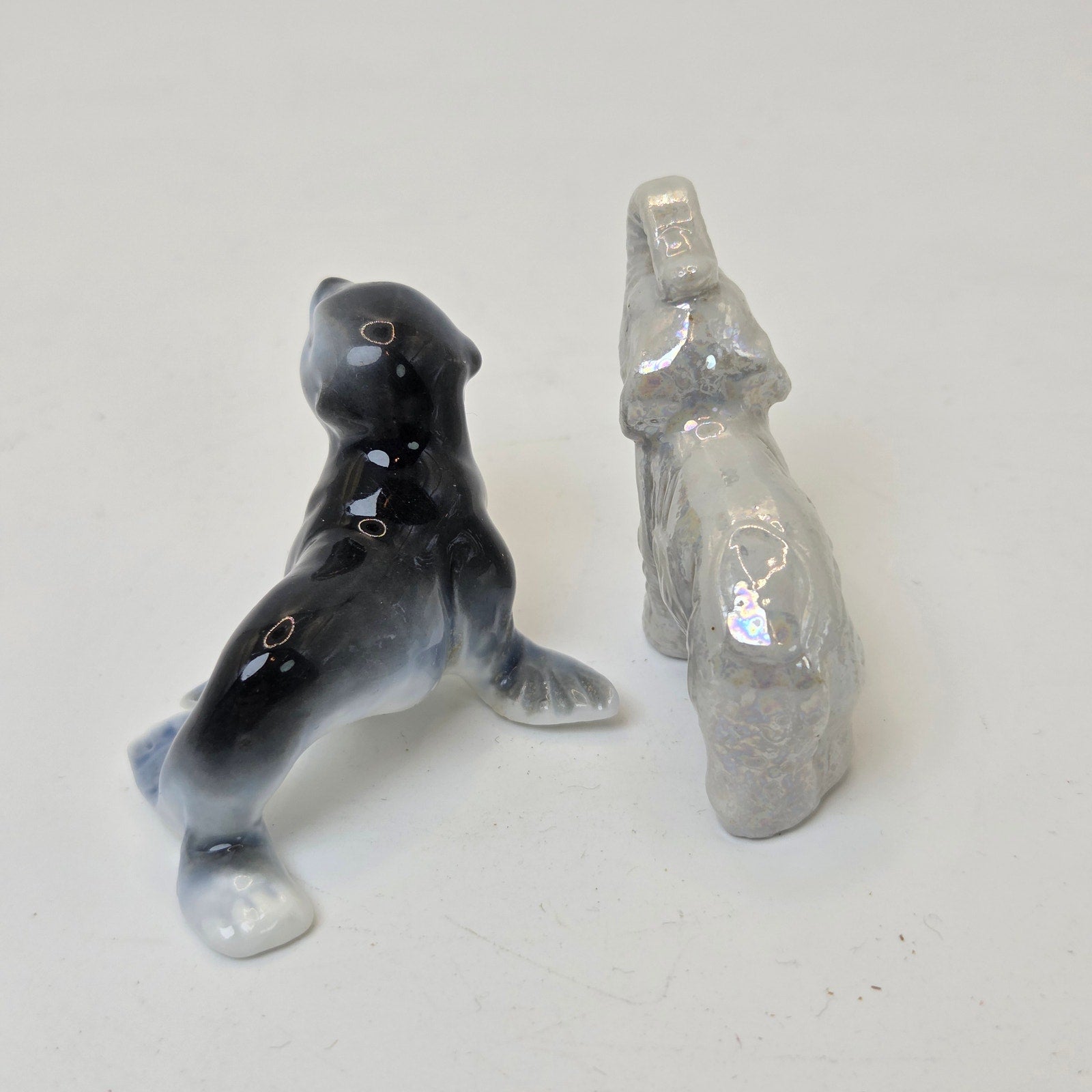 Miniature Ceramic Seal & Elephant Figurines Pair Unmarked Glazed Decor