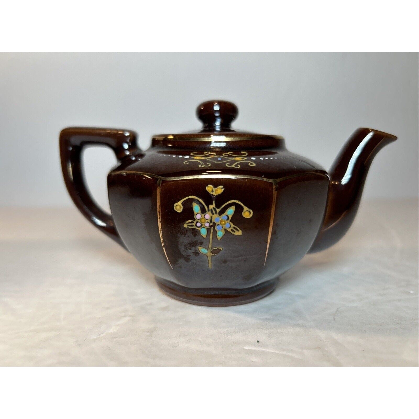 Vintage Japan Brown Ceramic Teapots with Lids – Hand Painted Floral Gold Accents