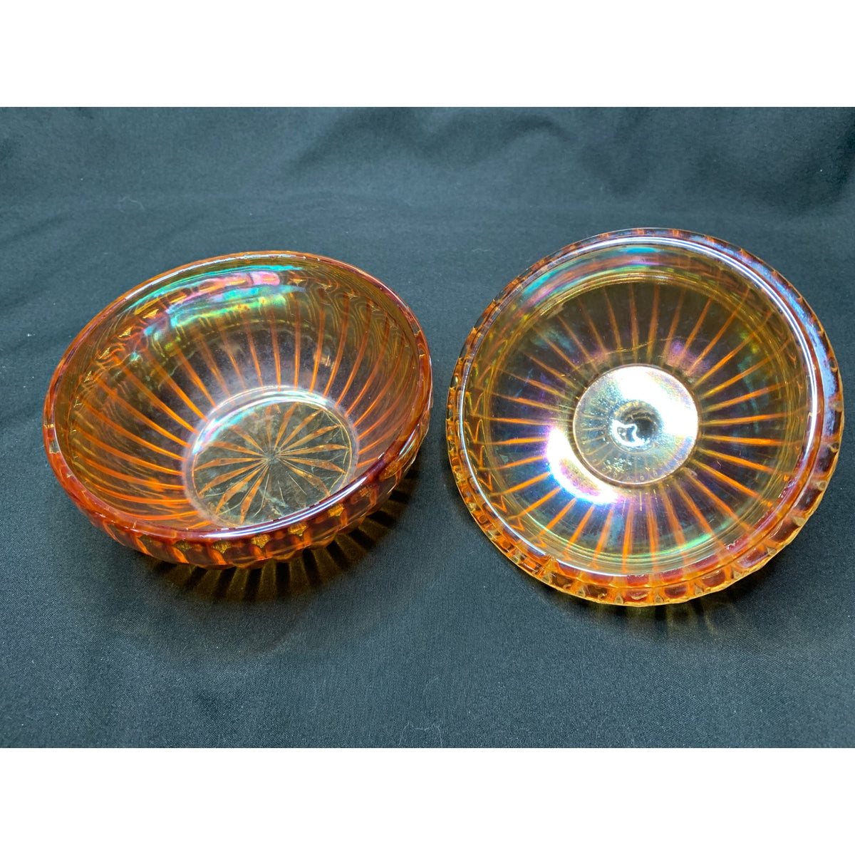Vintage Marigold Carnival Glass Ribbed Covered Candy Dish Iridescent Amber