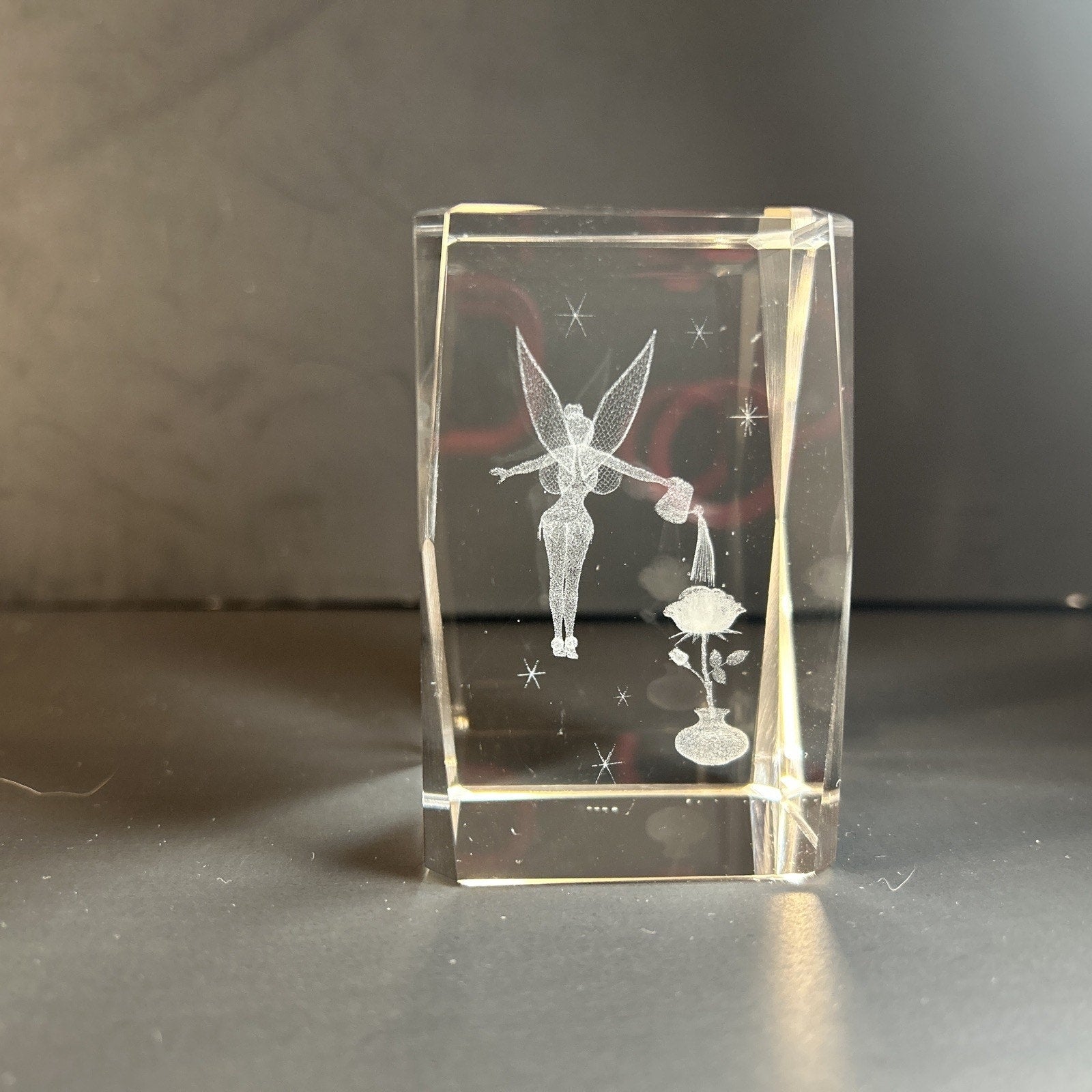 Tinker Bell Watering a Flower 3d Etched Disney Crystal Glass 3"x2" Paper Weight