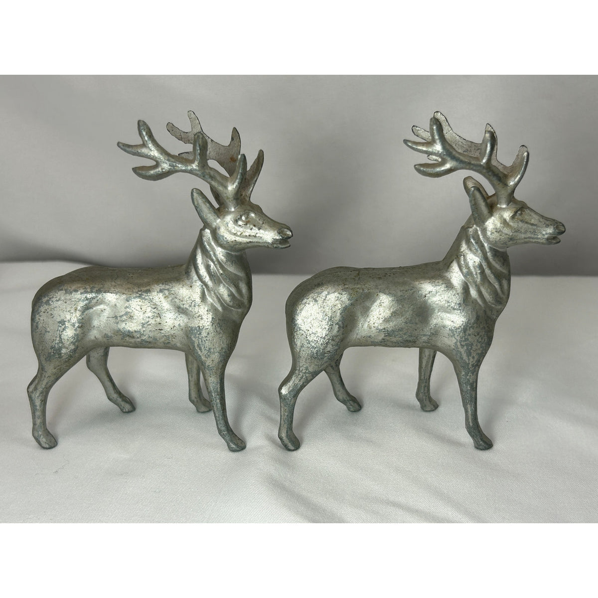 Vintage Cast Metal Reindeer Stag Figurines Pair Silver Christmas Deer 4.5"