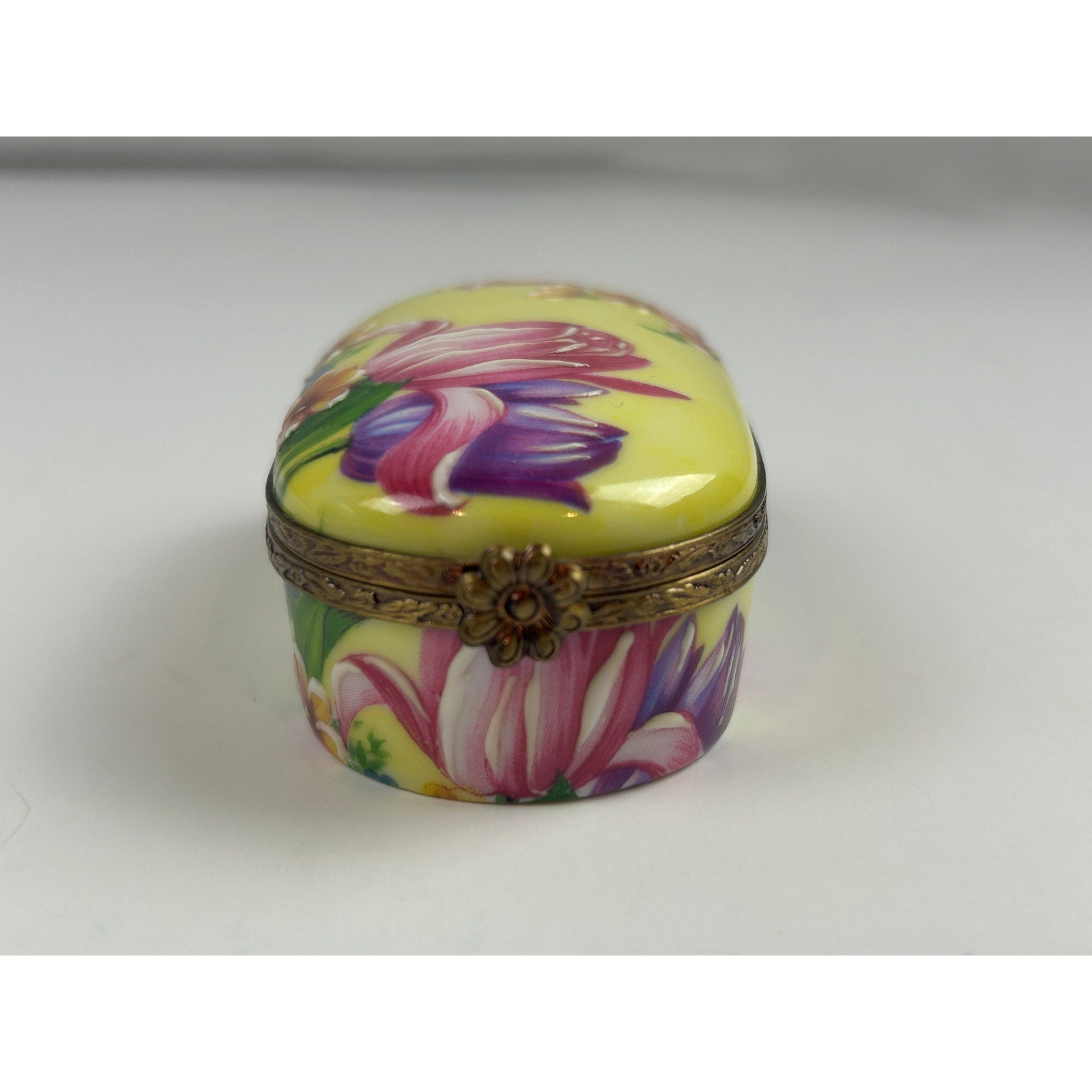 Rochard Limoges France Trinket Box Raised Floral Hand Painted Yellow Oval