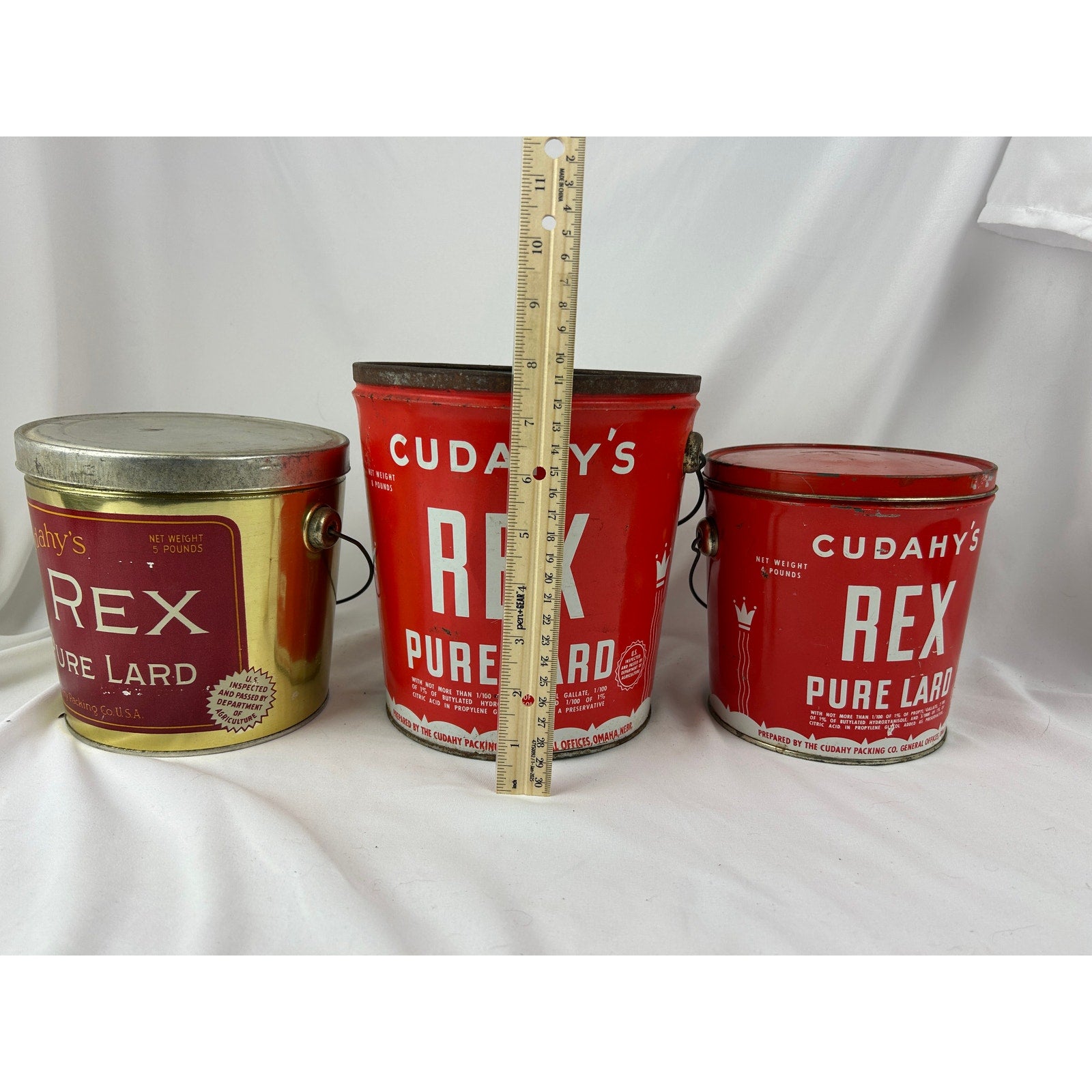 Cudahy’s Rex Pure Lard Vintage Metal Container Tin Bucket Lot of 3- 4, 5 & 8 lb.