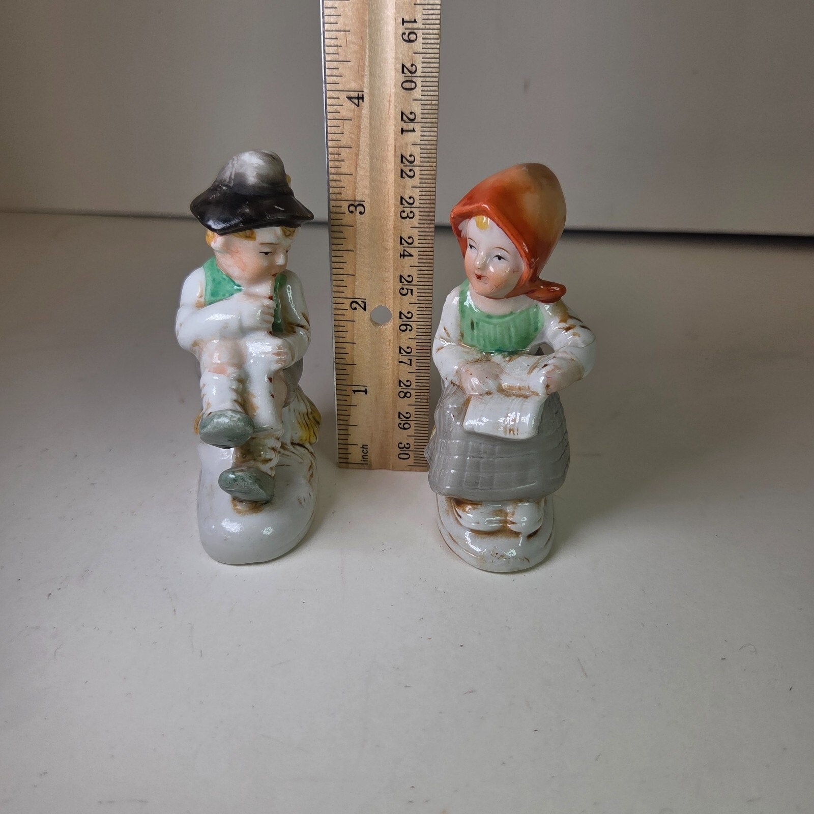 Vintage Japan Boy Playing Flute & Girl Sitting Ceramic Figurines 3.5in Pair