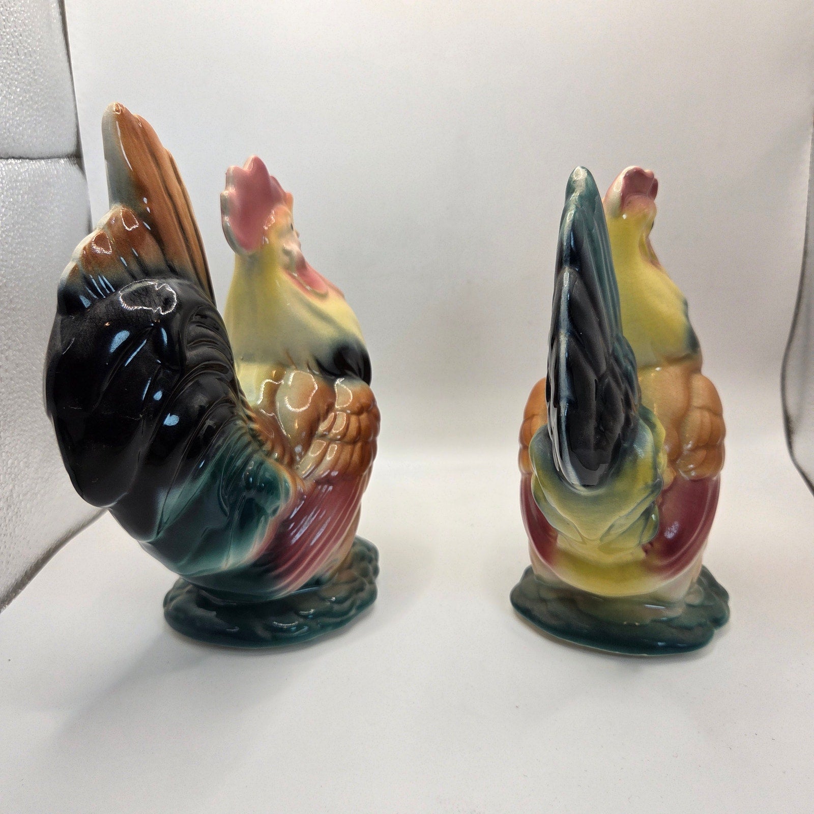 Vintage Royal Copley Rooster & Hen Figurine Pair 1950s Ceramic Statues