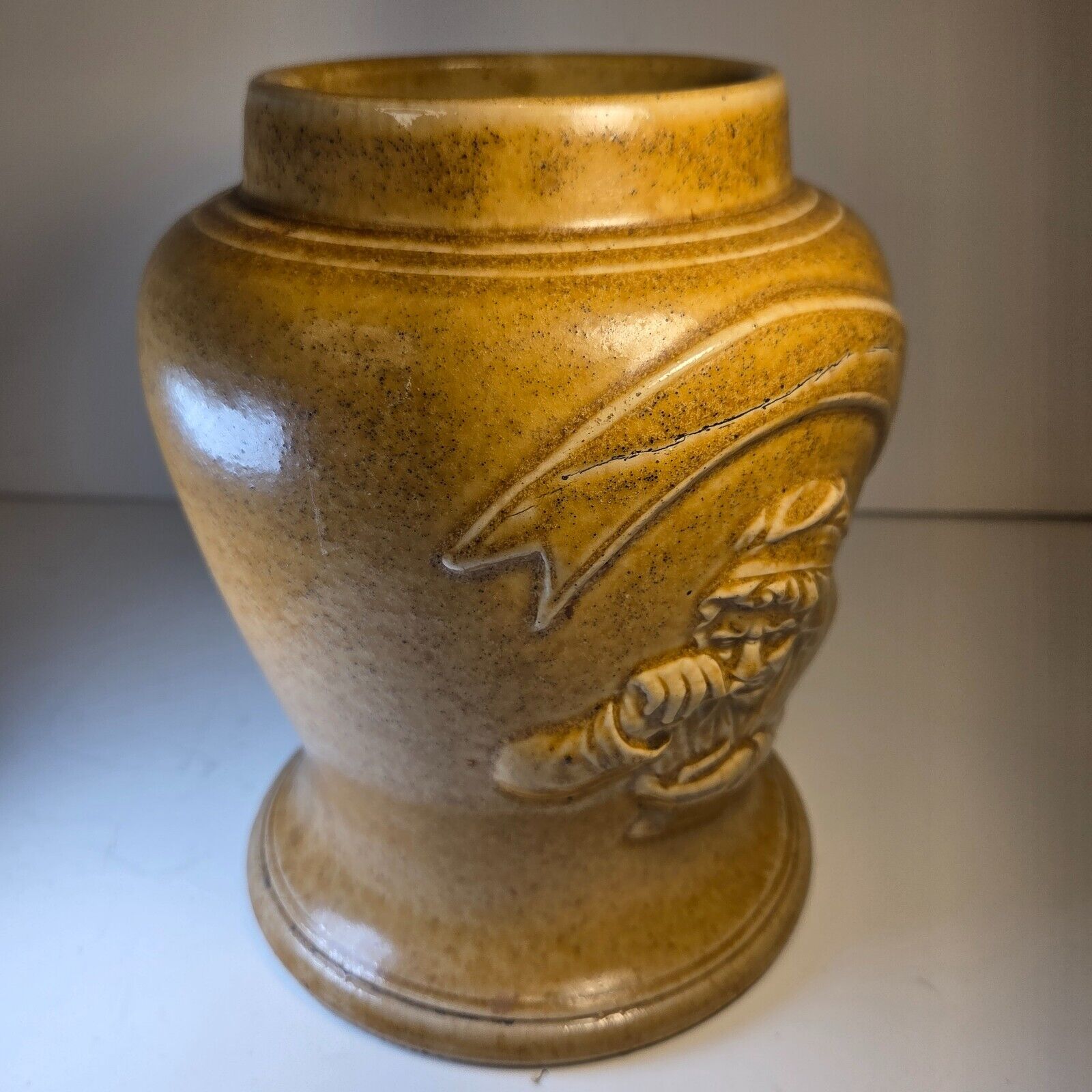 Antique Stoneware Snuff Jar 7.5" Relief Man Sniffing #2 No Lid Pre-1930